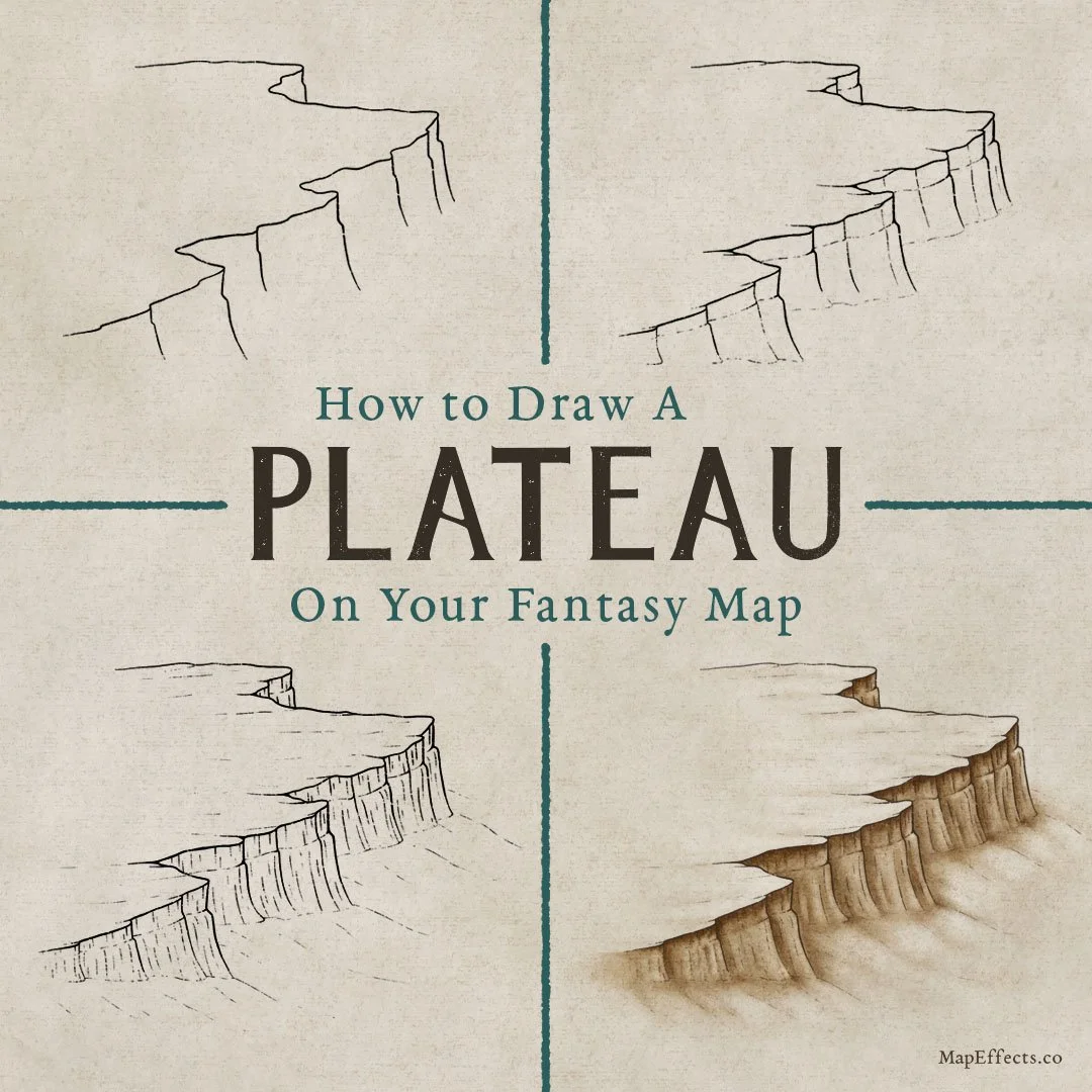 Step-by-step fantasy map drawing tutorial showing how to draw a plateau, from the basic cliff outline to a finished shaded landform.