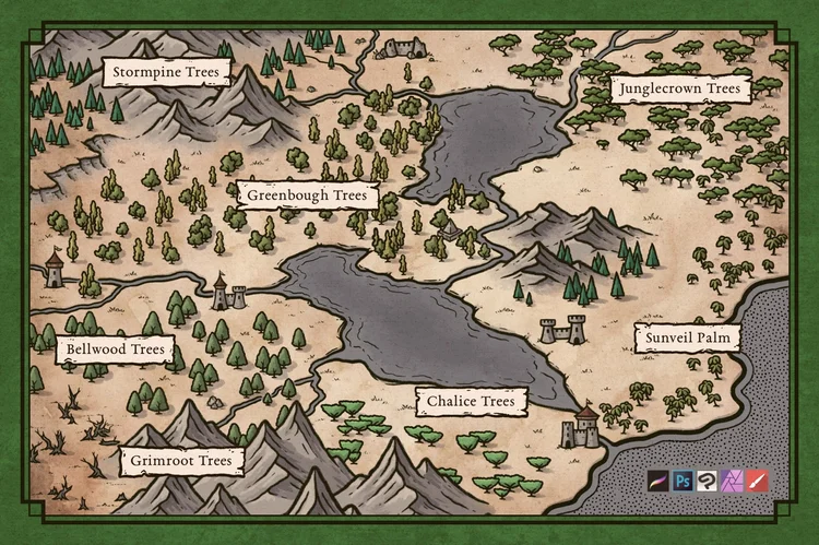 150+ Tree Brushes for Fantasy Regional Maps — Map Effects