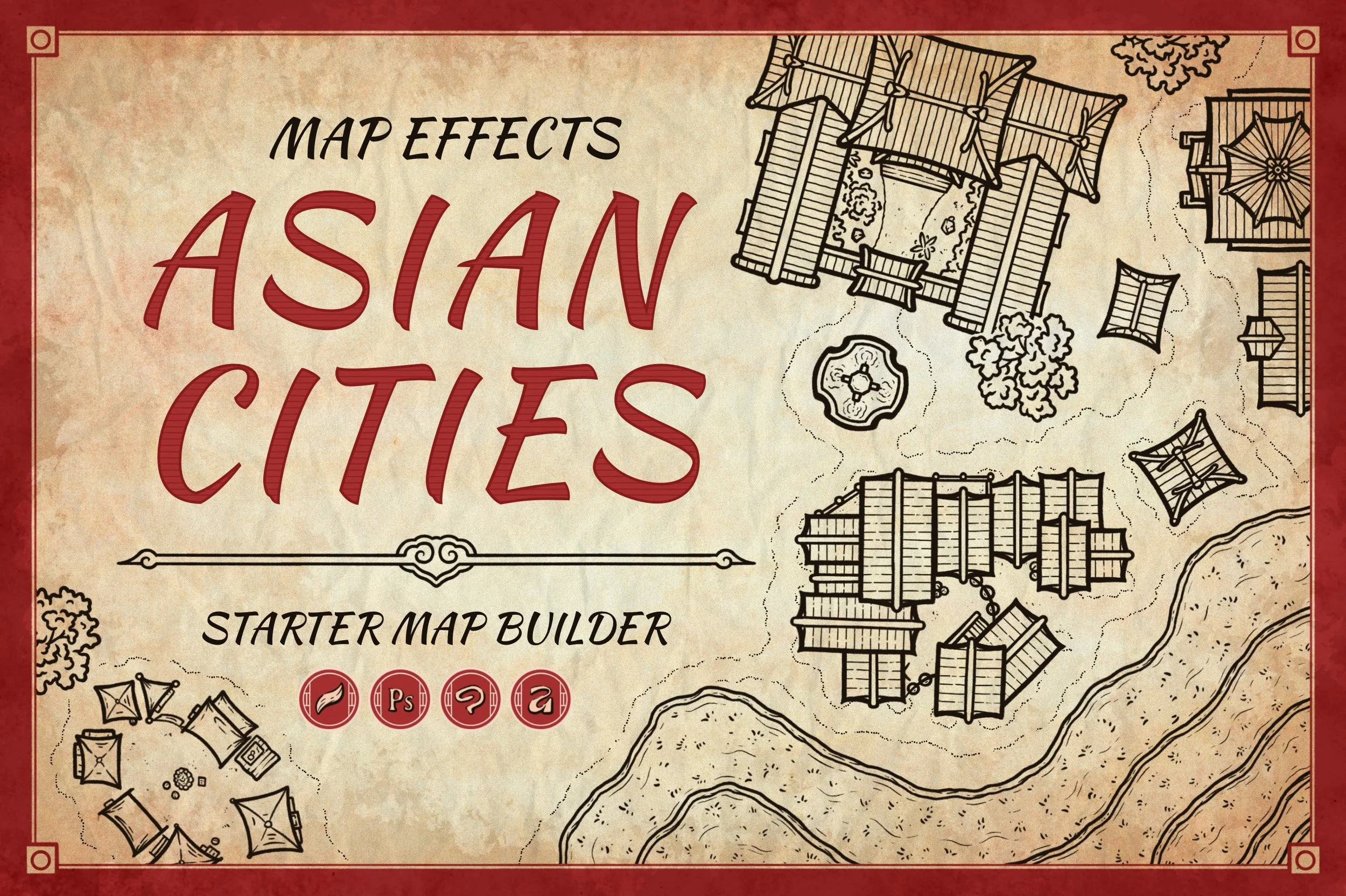 Asian City Starter Map Builder - Compatible with Procreate, Photoshop, Clip Studio Paint, and Affinity