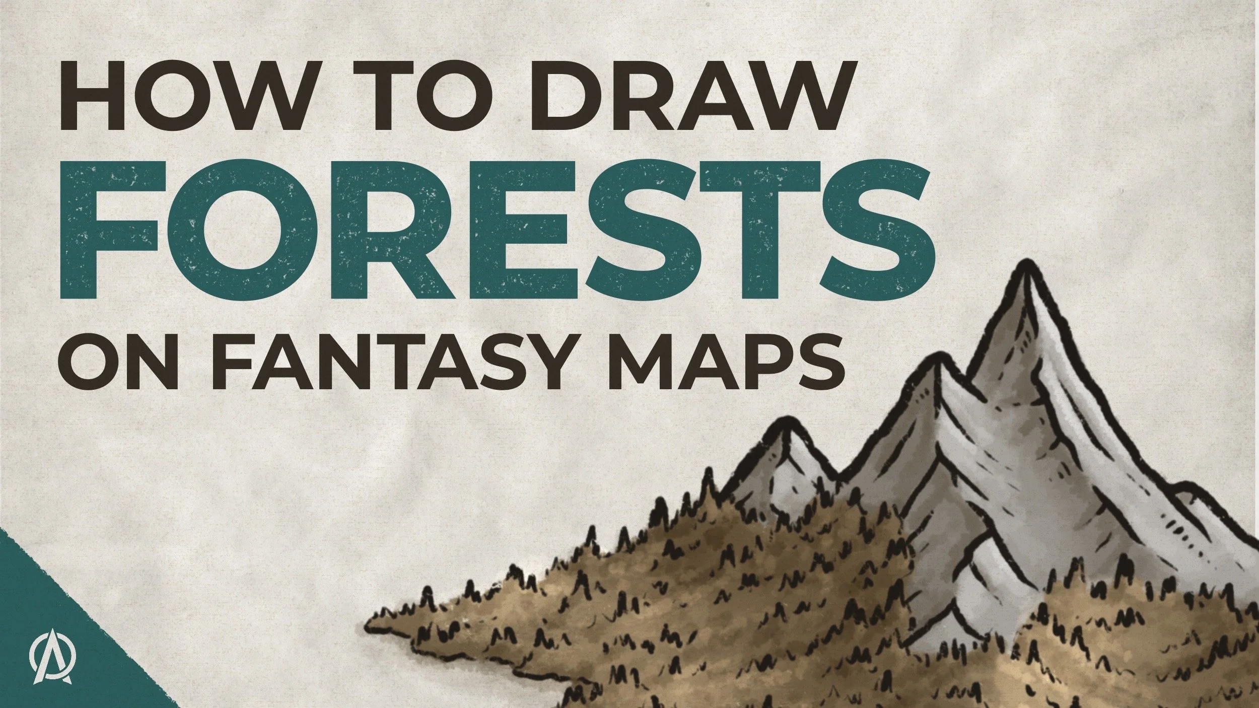 Learn how to draw forests on fantasy maps with this hand drawn woodland tutorial. Thumbnail showing clustered trees on aged parchment.
