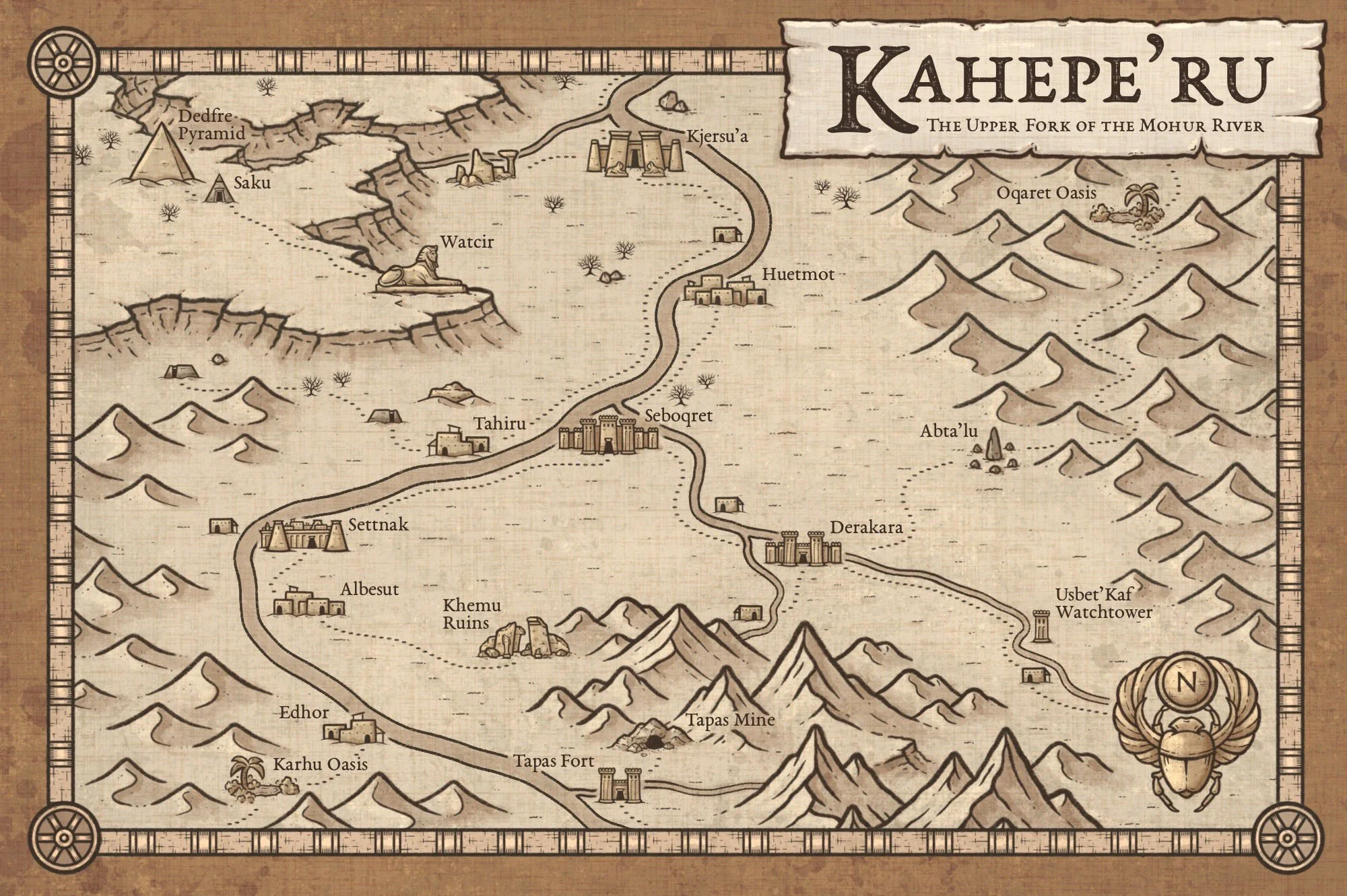 Fantasy desert map showing cities, rivers, mountain ranges, oases, pyramids, and trade routes created with the Fantasy Map Builder and Egyptian Effects.
