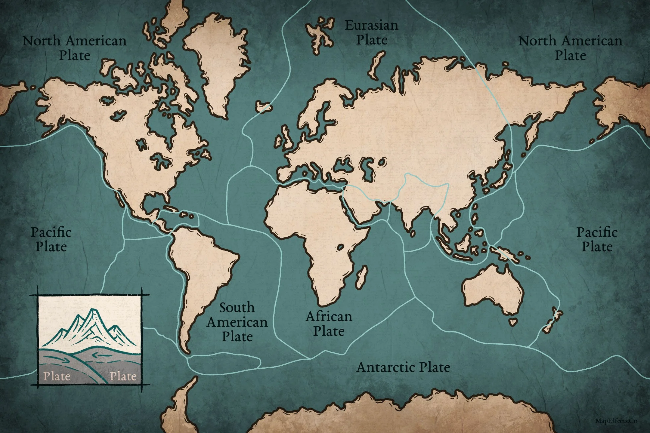Illustrated world map showing Earth’s major tectonic plate boundaries, with the North American, South American, Eurasian, African, Pacific, and Antarctic plates labeled. A small inset shows mountains forming where two tectonic plates collide.