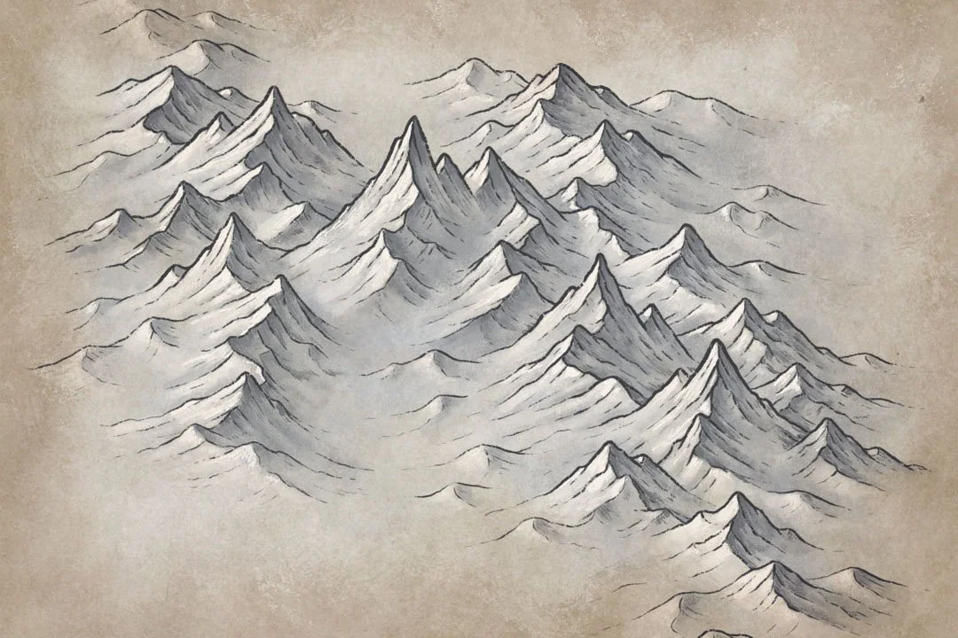 Hand-drawn fantasy mountain range showing overlapping peaks, varied mountain sizes, and shaded slopes creating depth across the range.