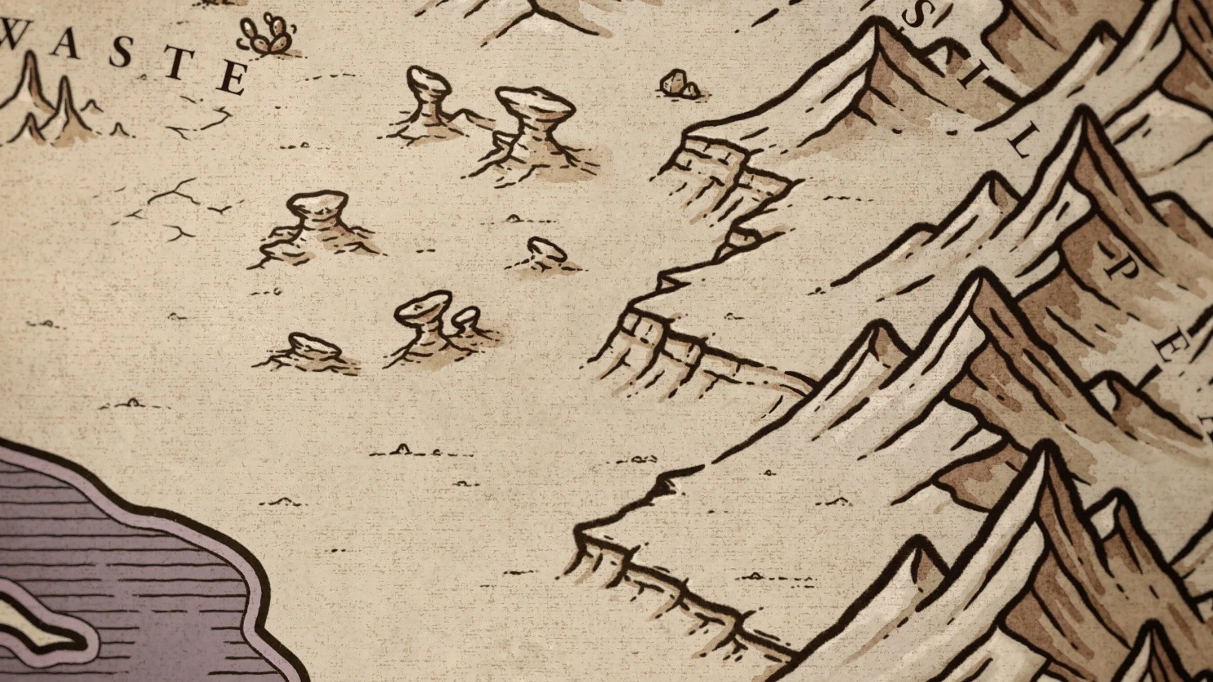 Fantasy map showing hand-drawn cliffs, plateaus, mesas, and mountains created with Map Effects map brushes.