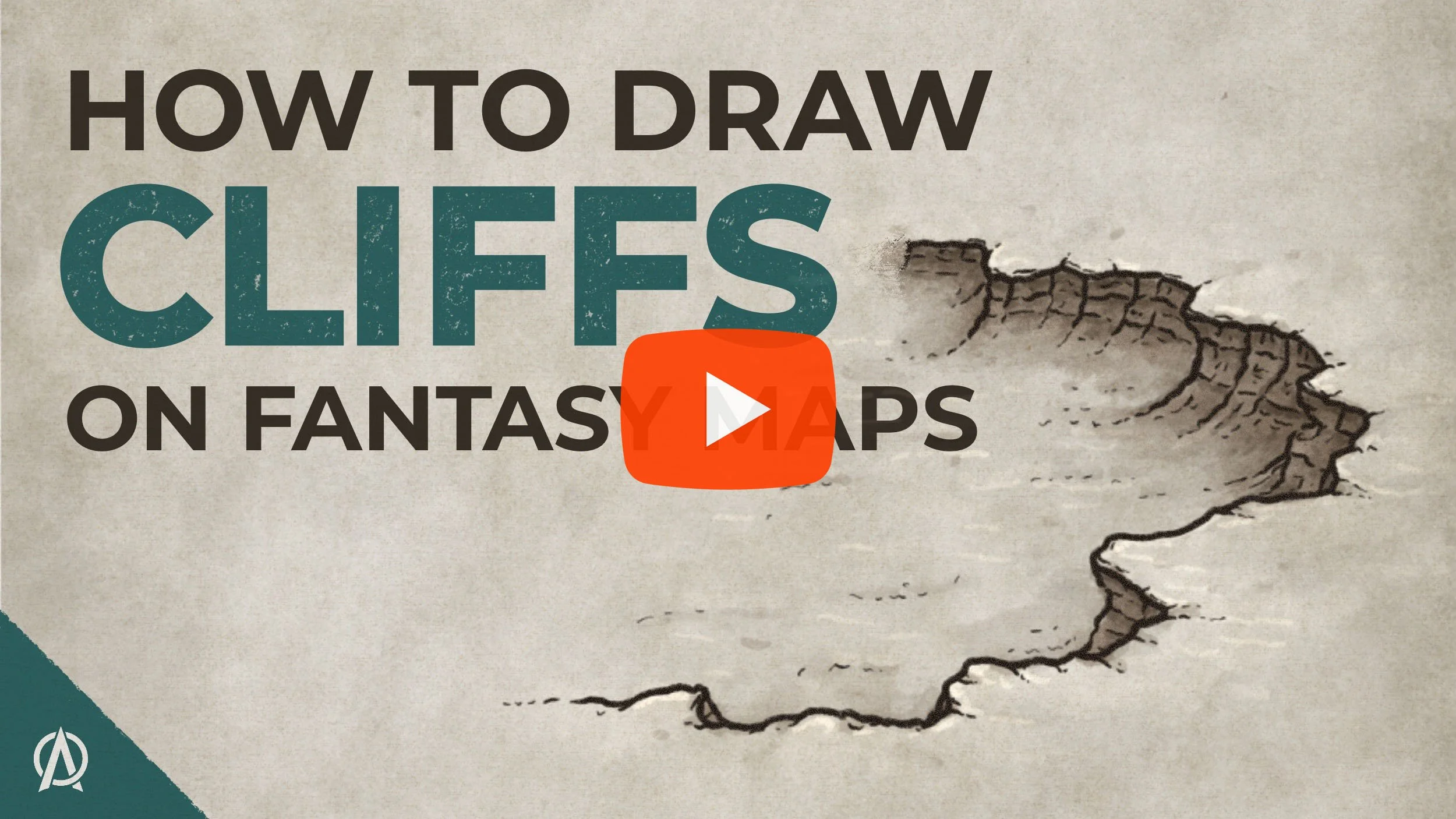 Video tutorial thumbnail showing how to draw cliffs and plateaus on a fantasy map, with a finished hand-drawn cliff example.