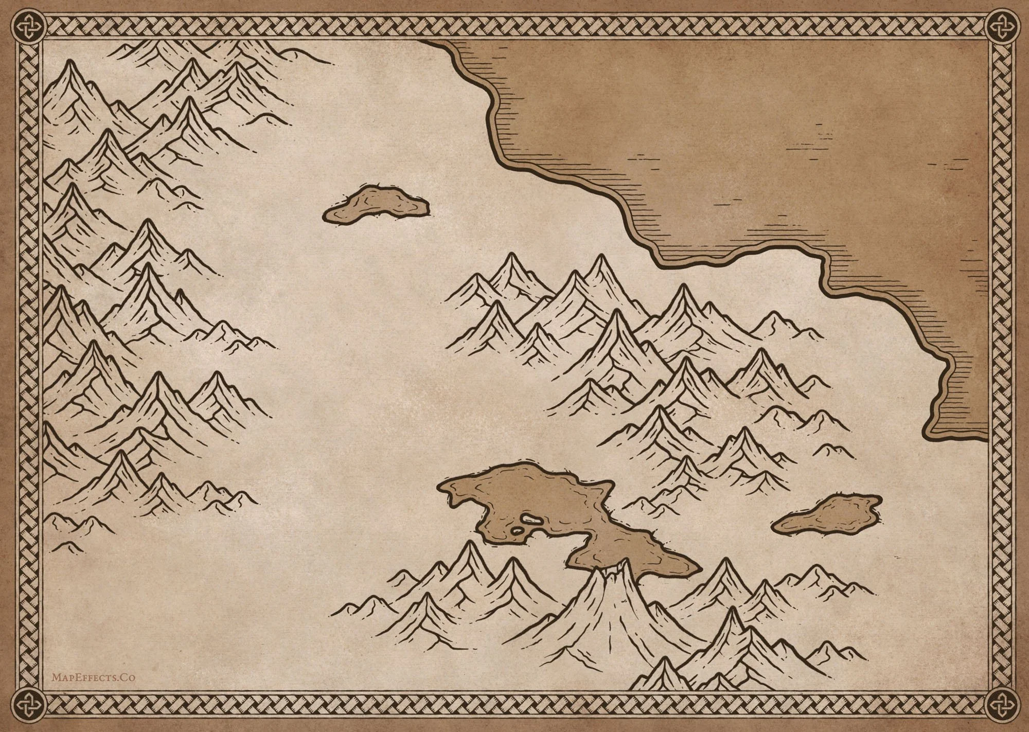 Fantasy map showing mountain ranges placed along the loose guide lines, creating natural curved chains of peaks across the continent.
