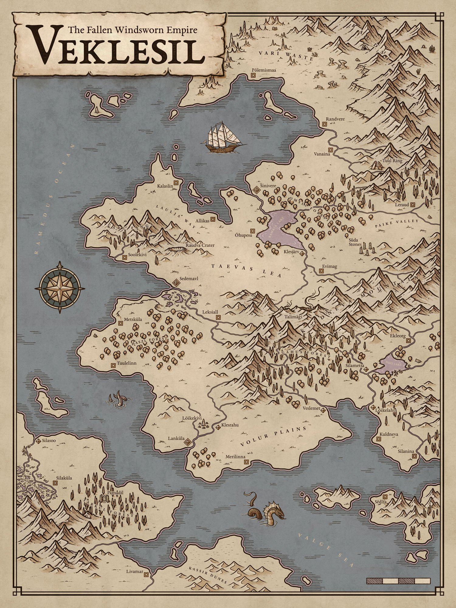 Hand-drawn fantasy map of Veklesil created with the Map Effects Fantasy Map Builder, featuring mountains, forests, islands, settlements, roads, and coastal regions.