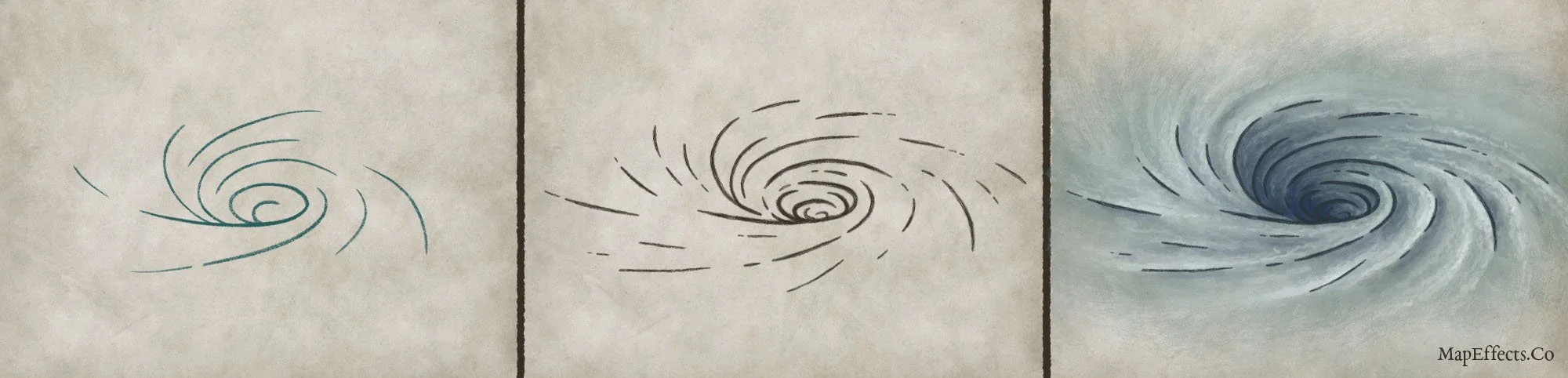 Step-by-step fantasy map tutorial showing how to draw a whirlpool vortex from sketch to finished colored illustration.