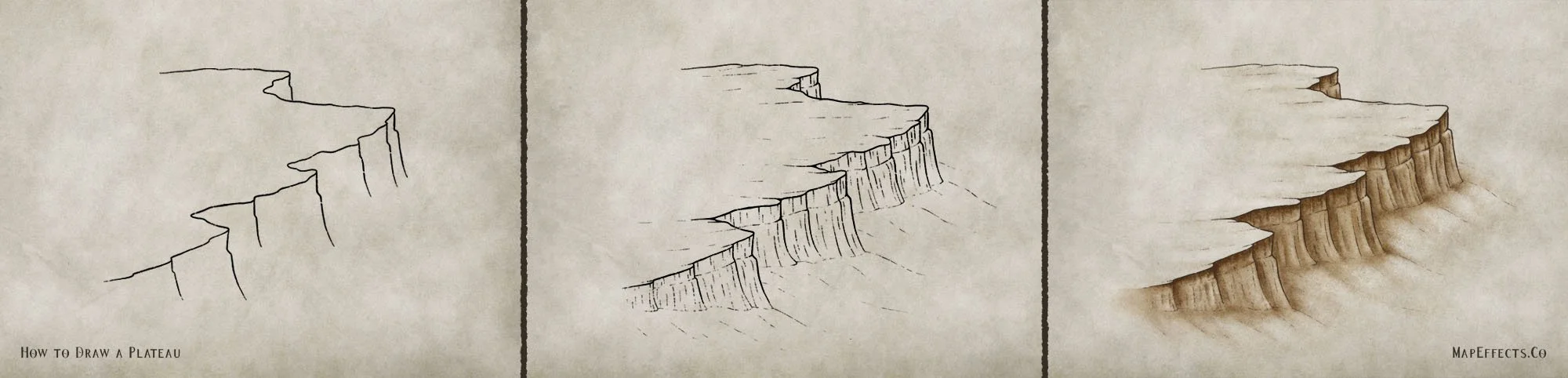 Step-by-step fantasy map drawing showing a plateau progressing from a simple cliff outline to detailed linework and finished shading.