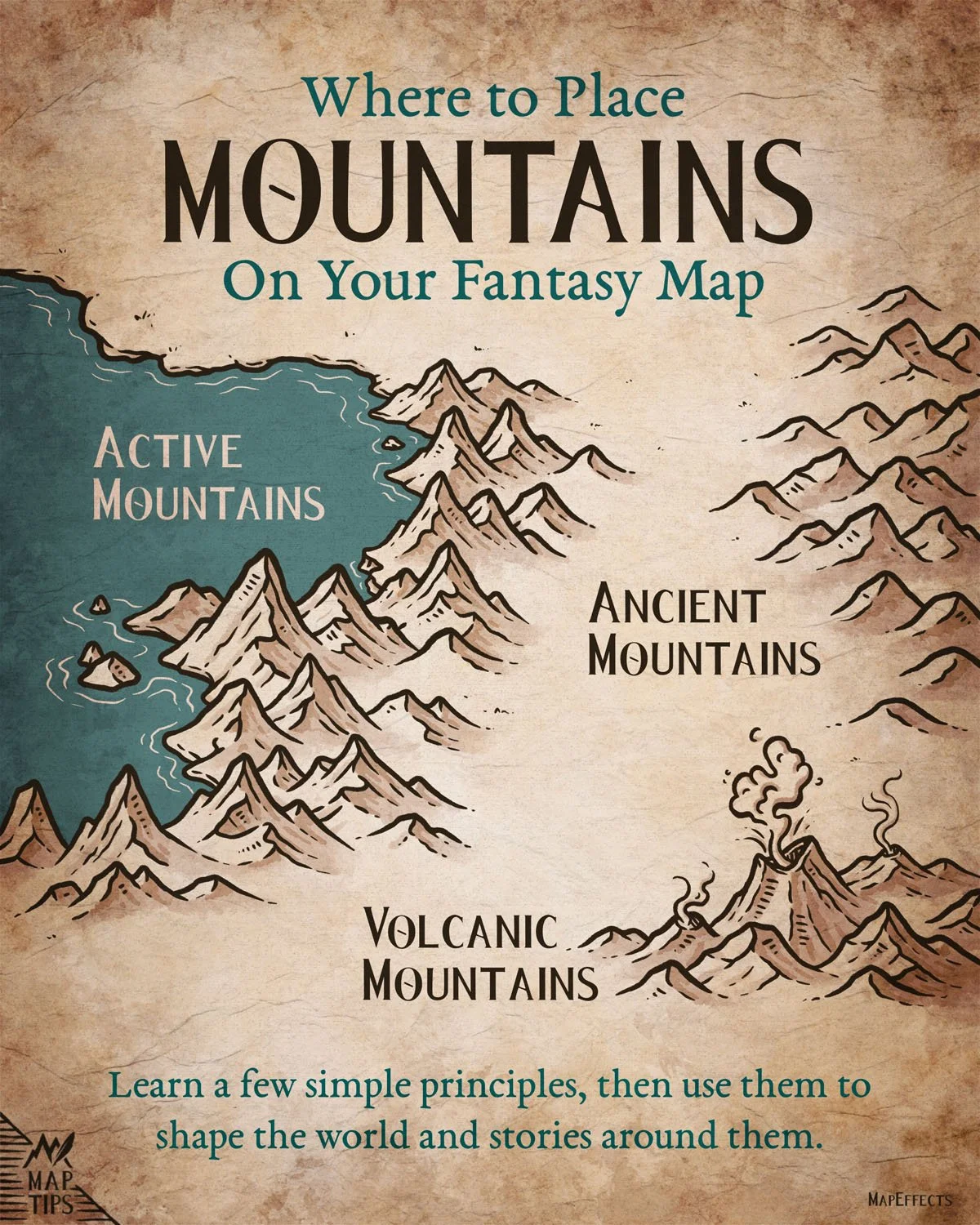 Fantasy map field guide illustration showing three mountain placement types: active coastal mountains, ancient inland ranges, and volcanic mountains, with hand-drawn terrain on parchment.