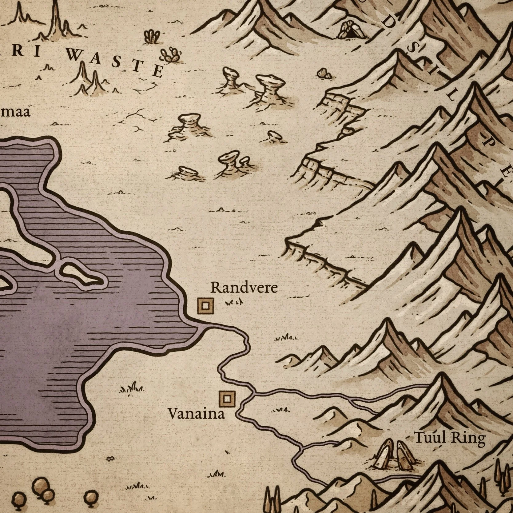 Fantasy map showing mesas, buttes, cliffs, mountains, roads, and a lakeside settlement created with the Map Effects Fantasy Map Builder.
