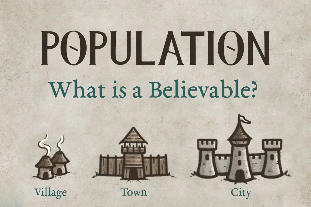 Illustration comparing the relative size of a fantasy village, town, and city to help worldbuilders create believable settlement populations.