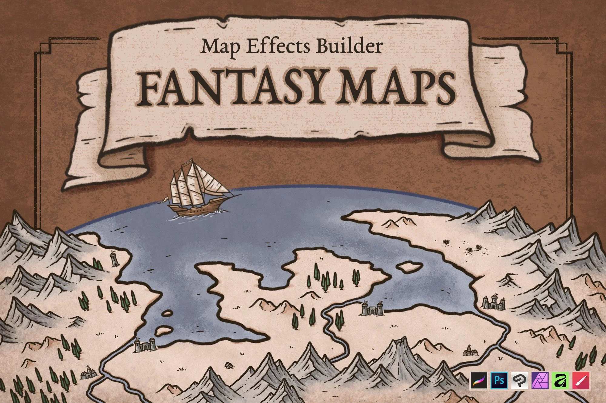 Fantasy Map Builder cover showing a hand-drawn regional fantasy map with coastlines, mountains, forests, rivers, settlements, islands, and a sailing ship. Compatible with Procreate, Photoshop, Clip Studio Paint, Affinity, and Infinite Painter.