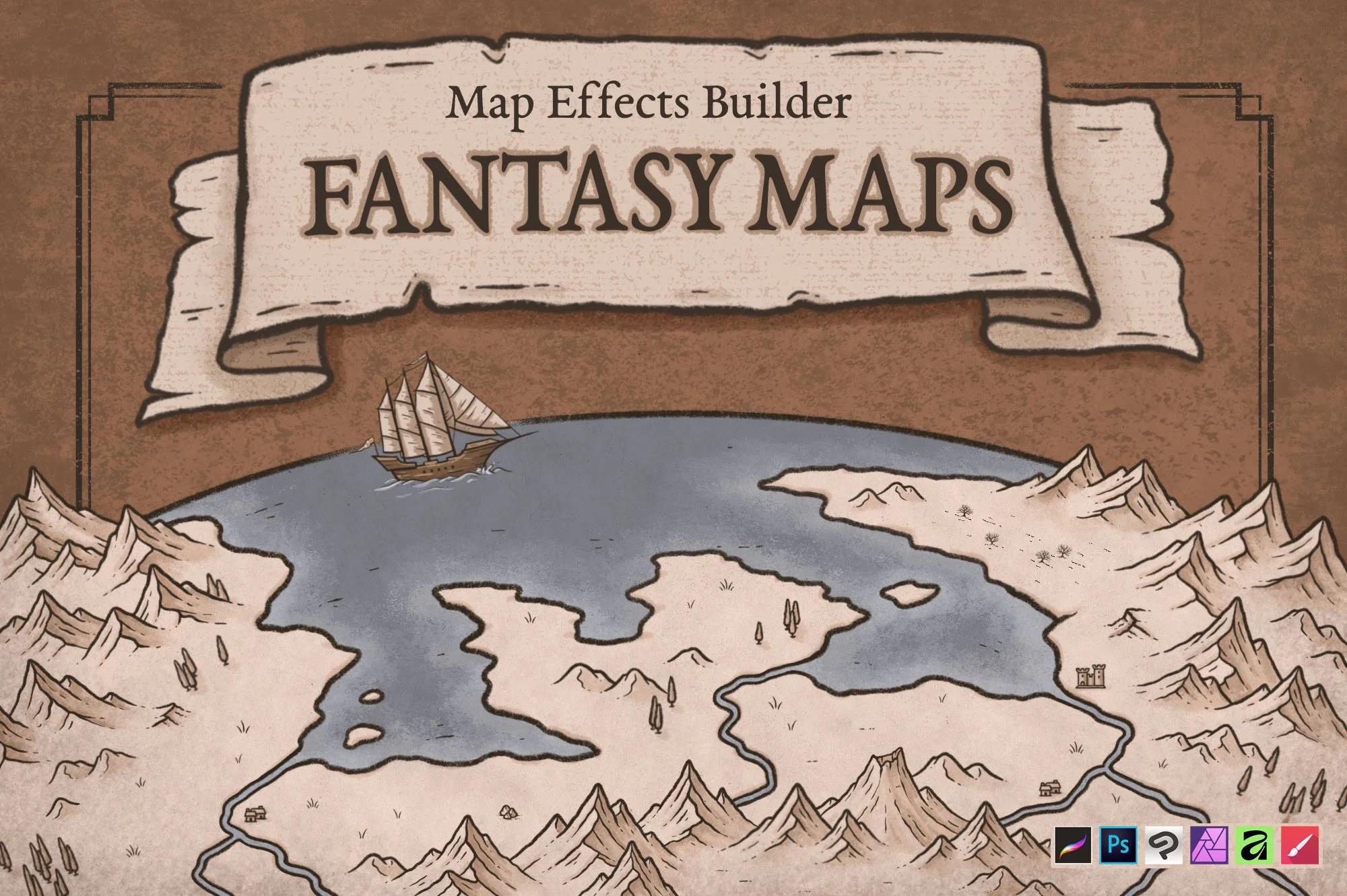 Map Effects Fantasy Map Builder featuring hand-drawn fantasy map brushes for mountains, coastlines, islands, roads, settlements, and other worldbuilding features.