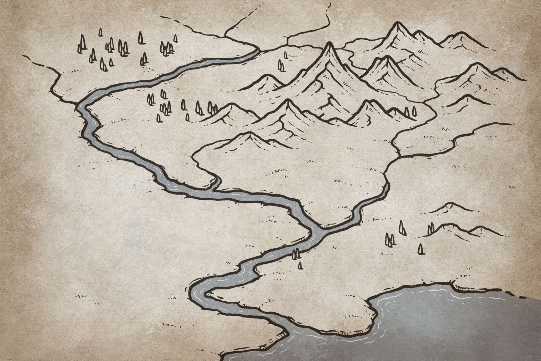Hand-drawn fantasy map showing rivers flowing from mountain ranges, joining together as they travel downhill, and eventually emptying into the sea.