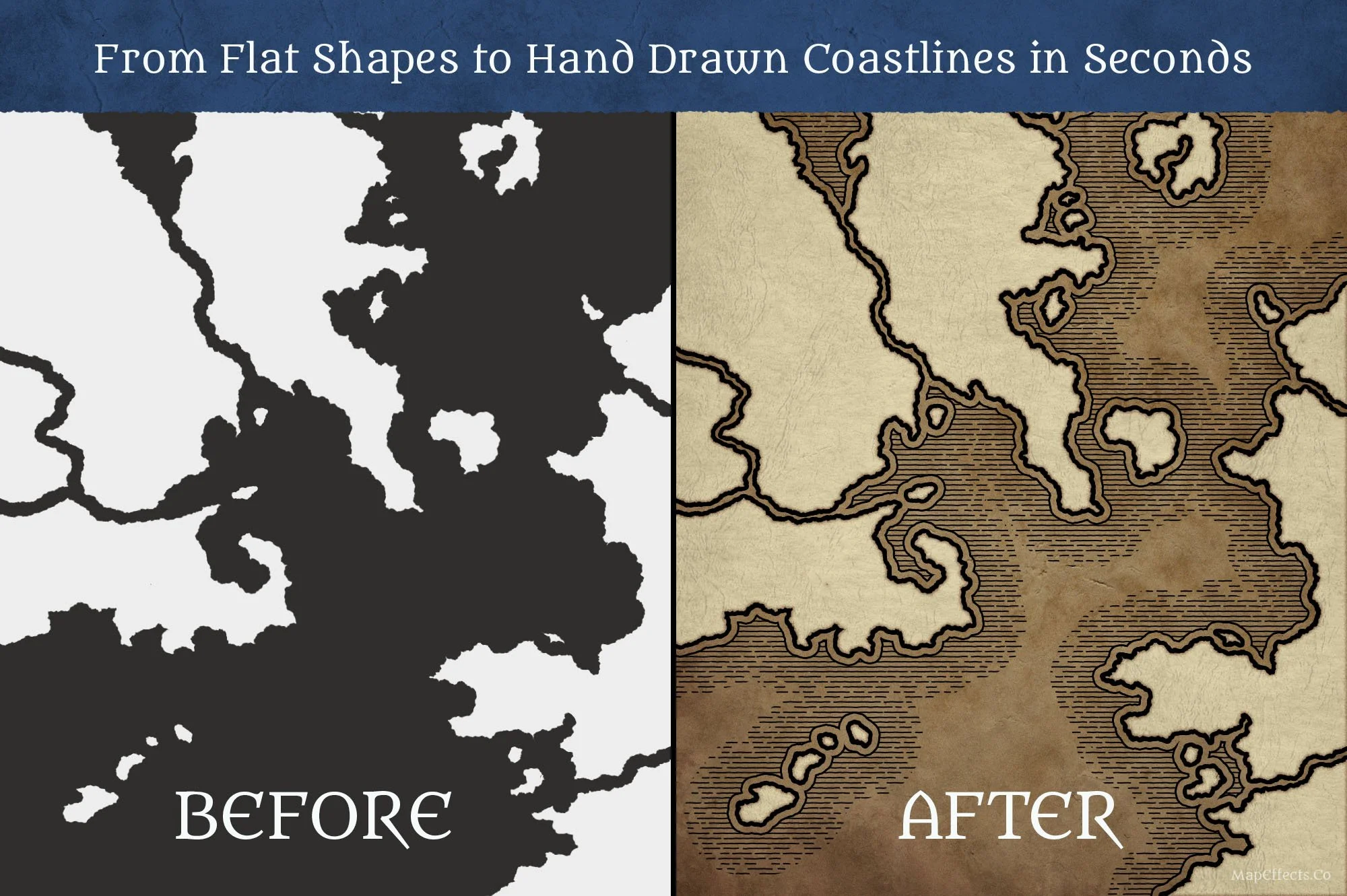 Before and after comparison of the Pendragon Coastline brush turning a simple landmass into a hand illustrated medieval fantasy map coastline.