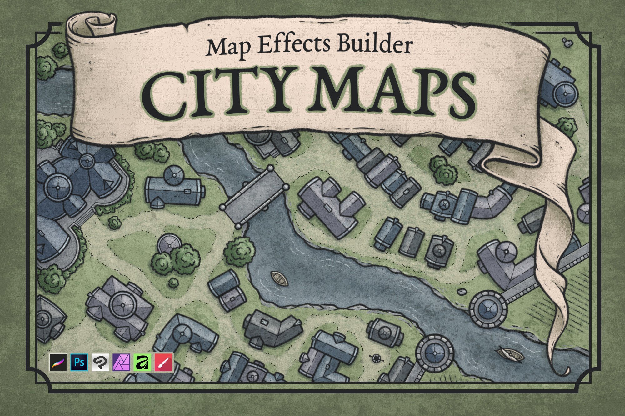 The City Map Builder - Compatible with Procreate, Photoshop, Clip Studio Paint, Affinity, and Infinite Painter. Quickly map your settlement map with a few clicks and a bit of imagination