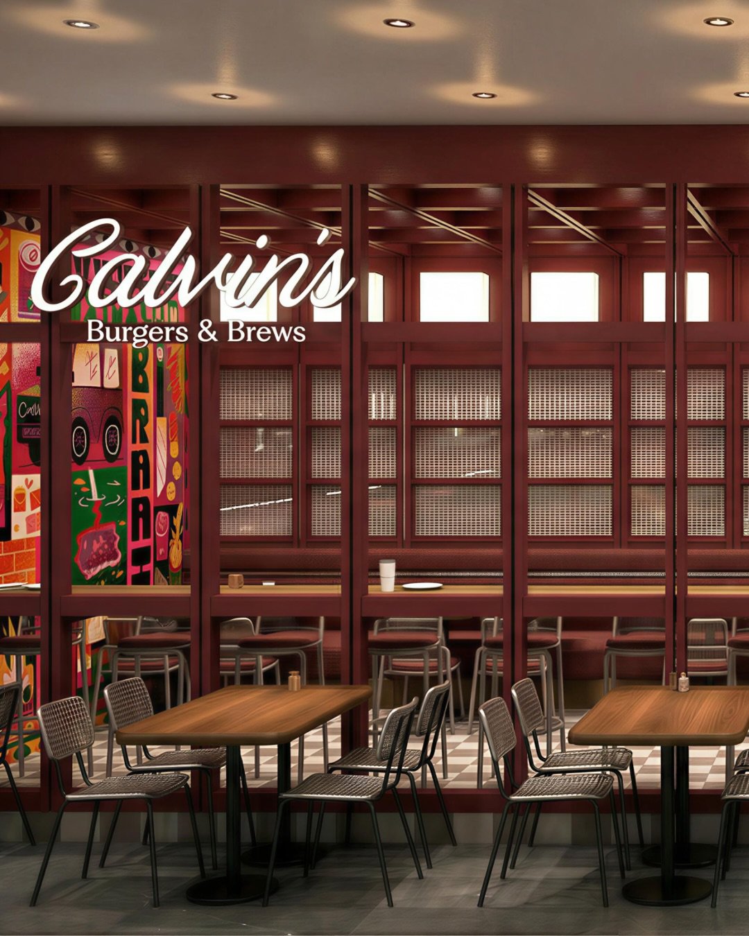🍔 Calvins was designed as a brand you can step into. In collab. with @diestrainteriorismo we built a space that blends interior design, brand experience, and a kiosk-led service model into one cohesive story. 

#interiordesign #restaurantdesign #hos