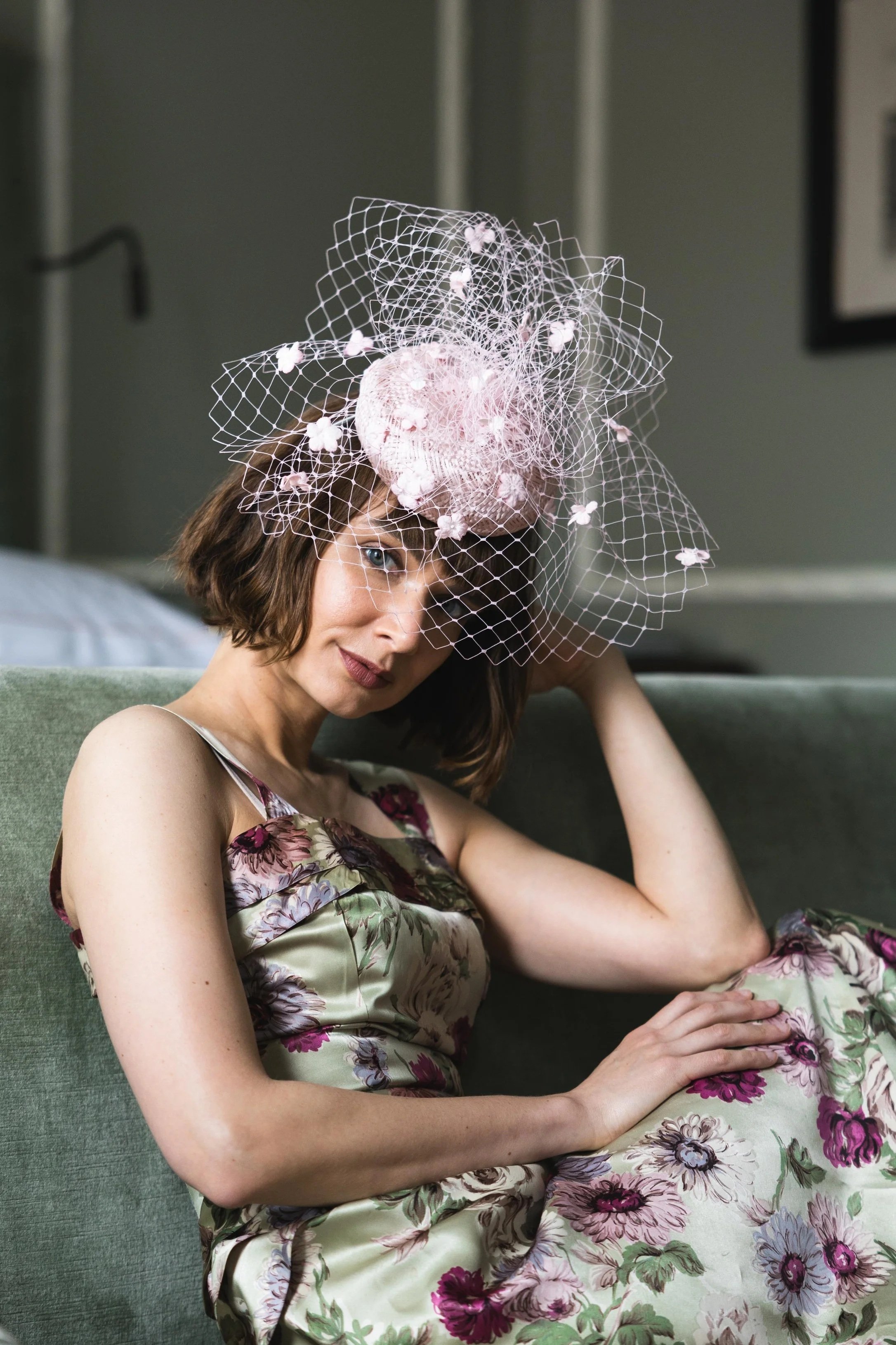 pink blossom veil beano hat