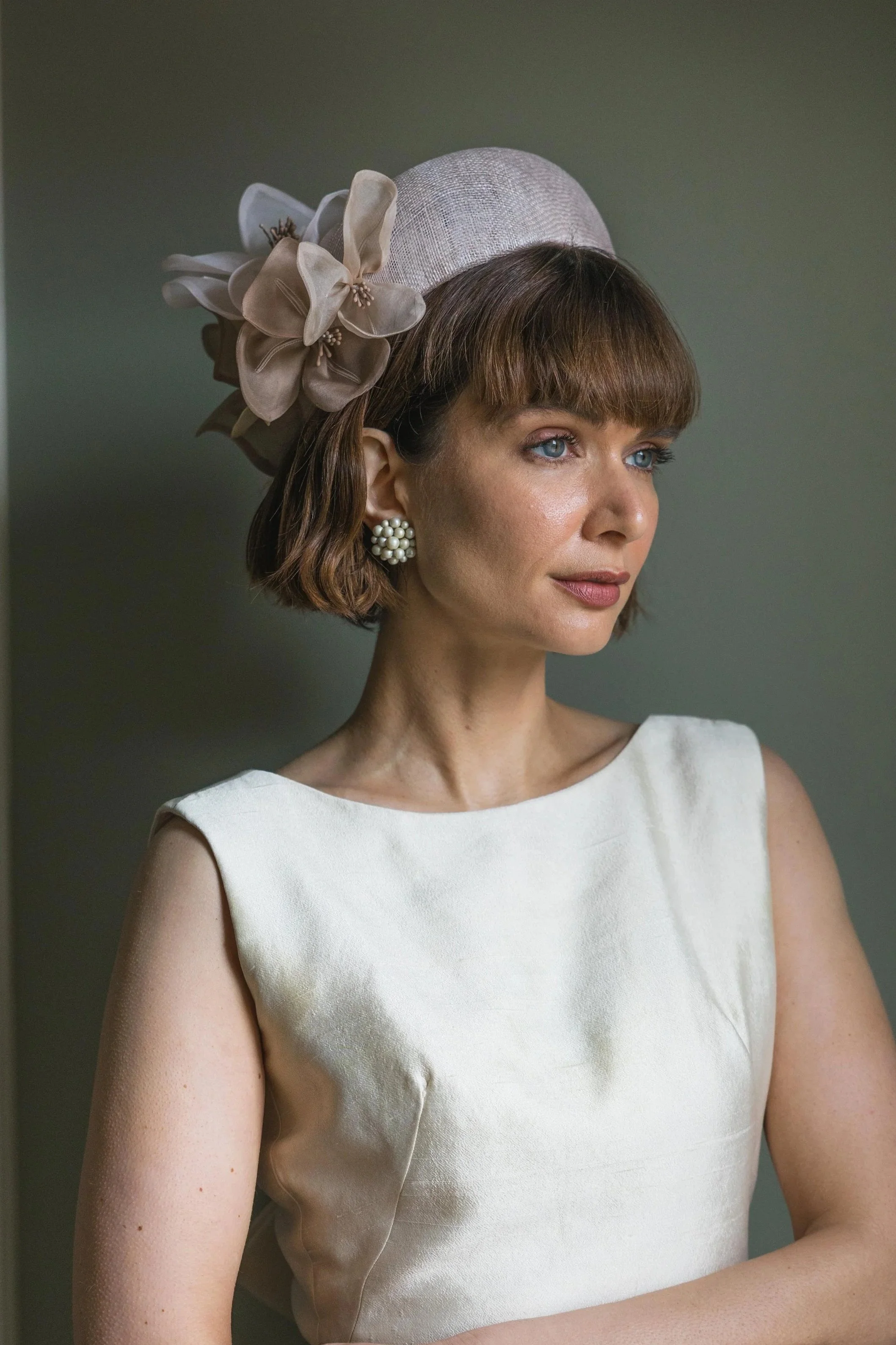 dusky elegant camellia pillbox hat
