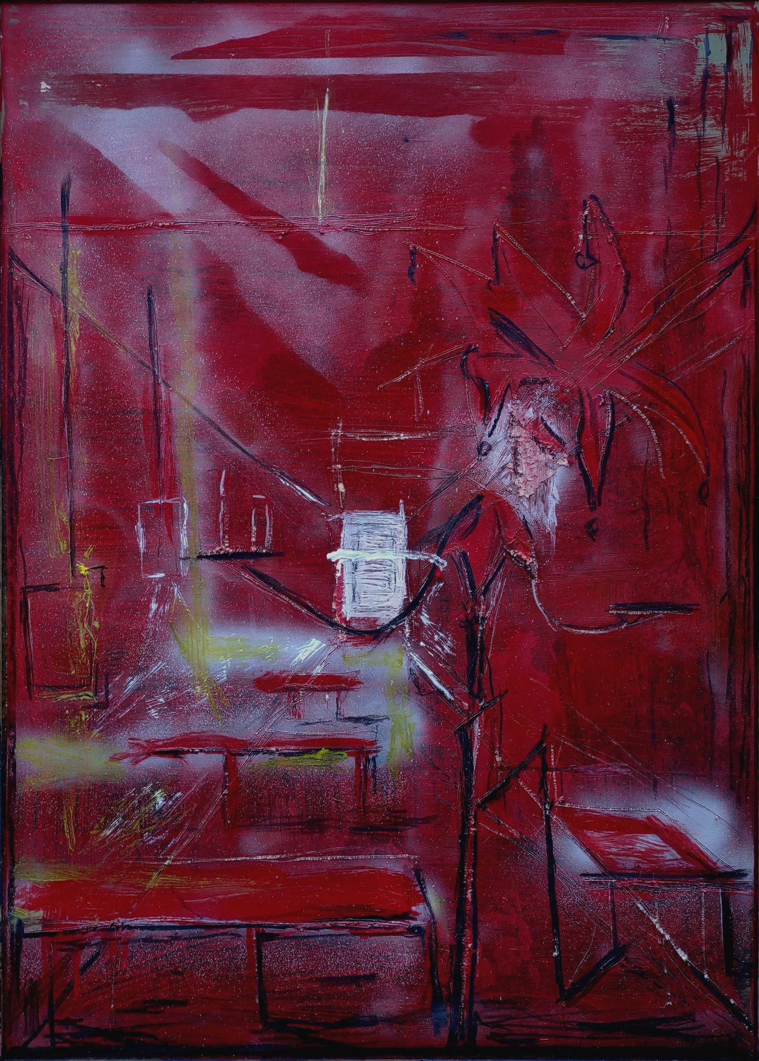 "Fool in a Café"
Acrylic, charcoal, and oil on found object.
24" x 36"
2023.