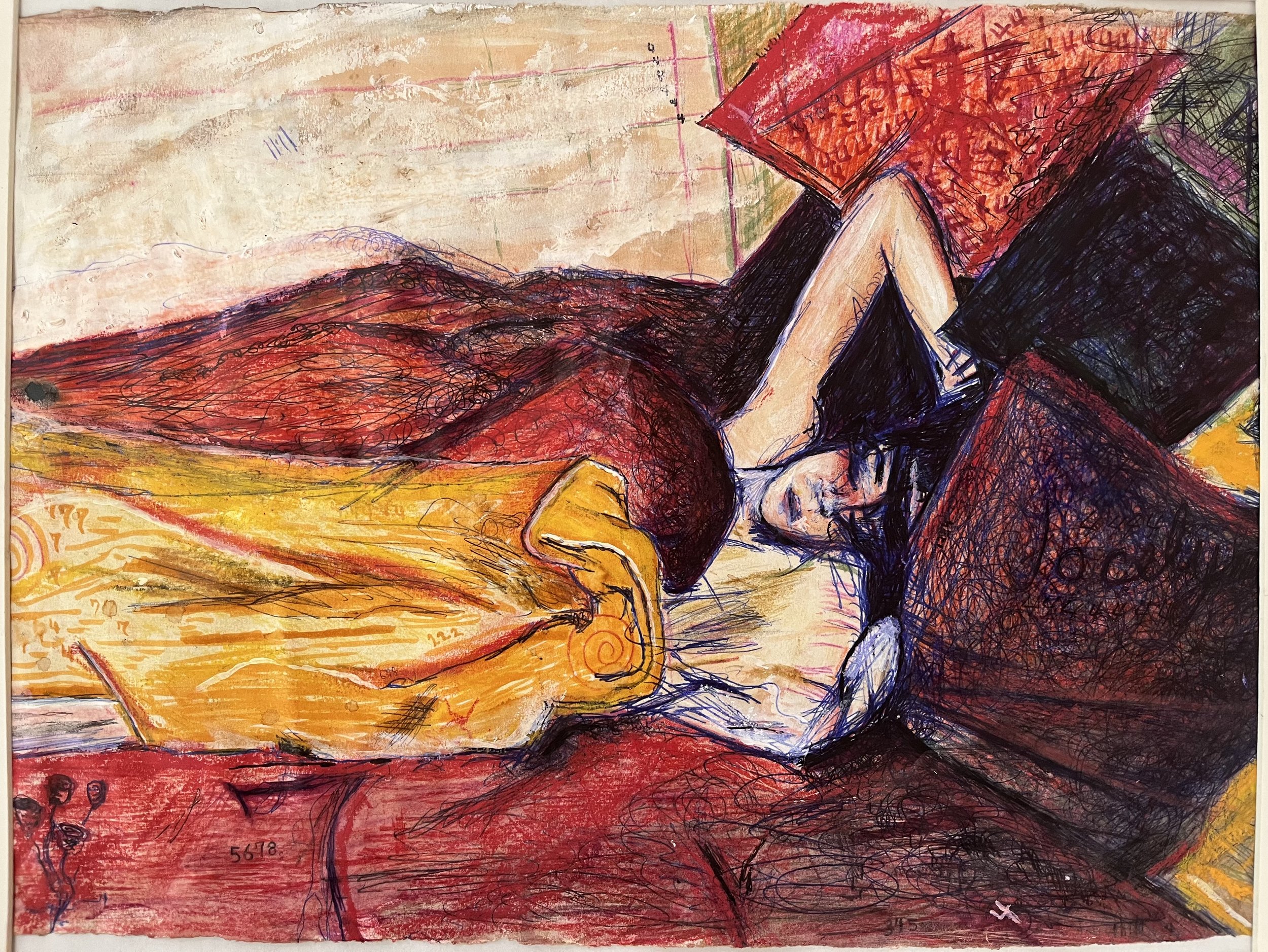 "Waking/Sleeping"
Colored pencil, coffee, and ink on paper.
2025.