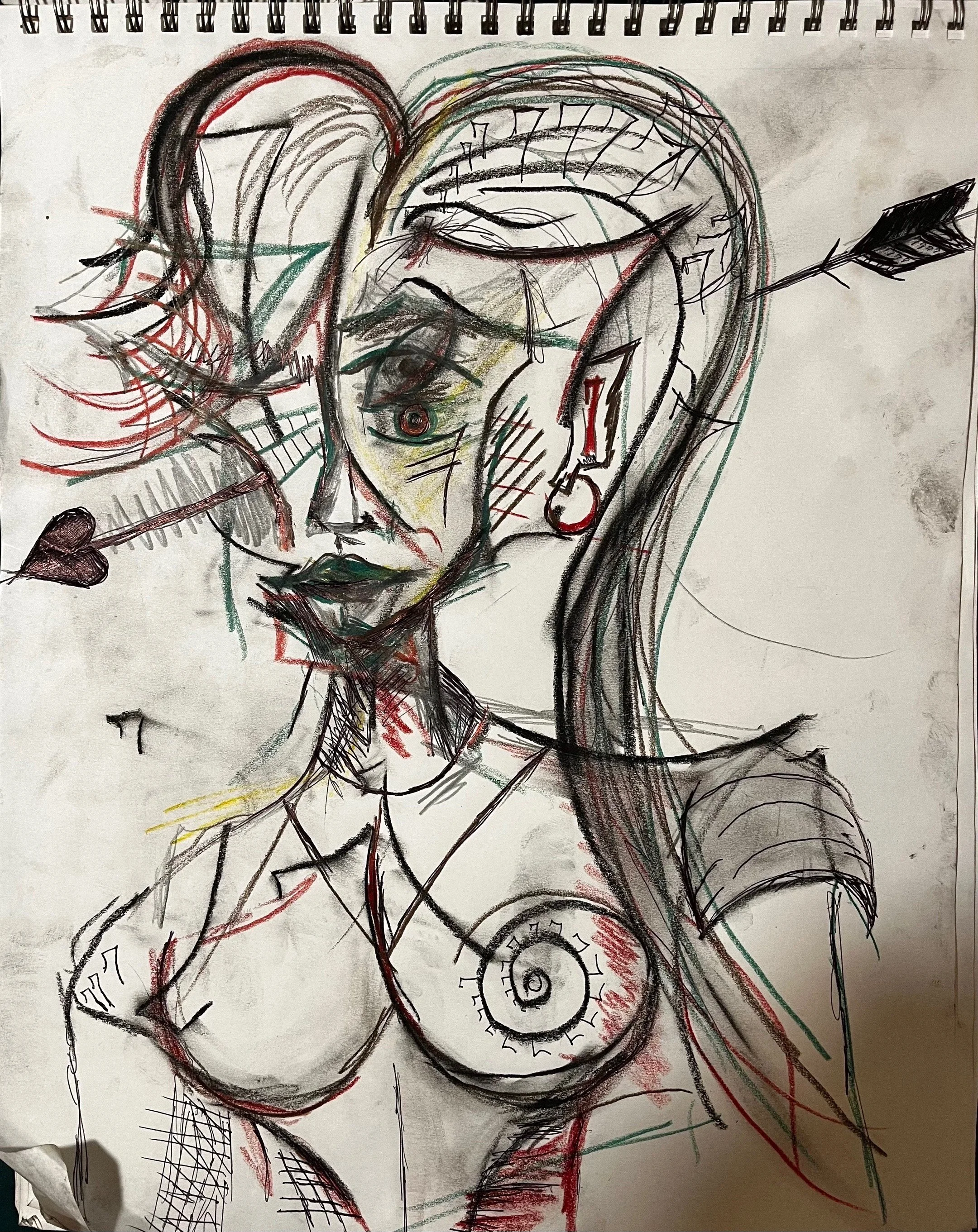 "Seven of Hearts"
Charcoal, colored pencil and ink on canvas.
2024.
14'x'17'