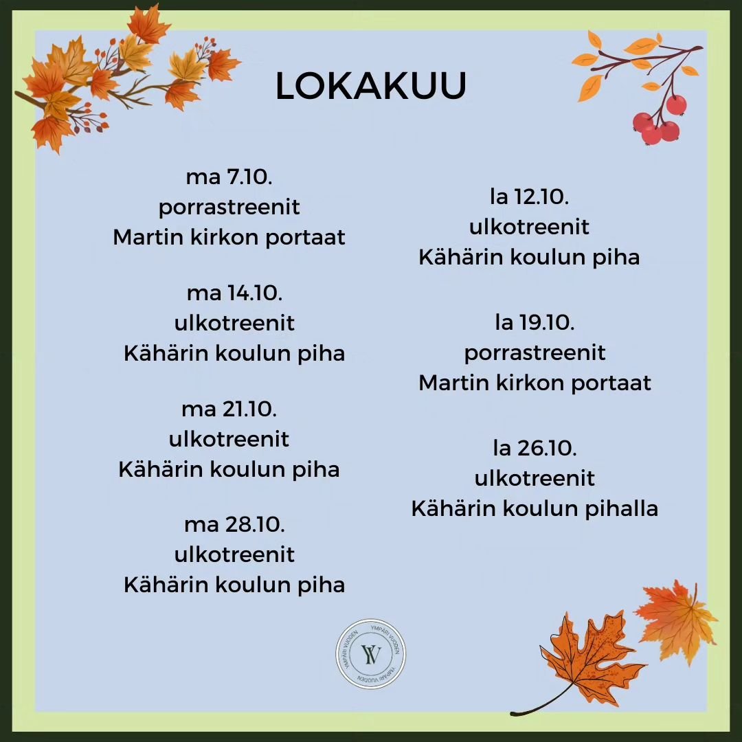 Syksy on nyt todella startannut ja niin my&ouml;s syksyn treenit!

🍁 Liikutaan yhdess&auml; tuttuun tapaan kahdesti viikossa!

✨️ ma kello 18
✨️ la kello 10

🍁 Treenin hinta 10&euro; (kymppikortilla 11. treeni maksutta!)

Ilmoittaudu mukaan meid&au