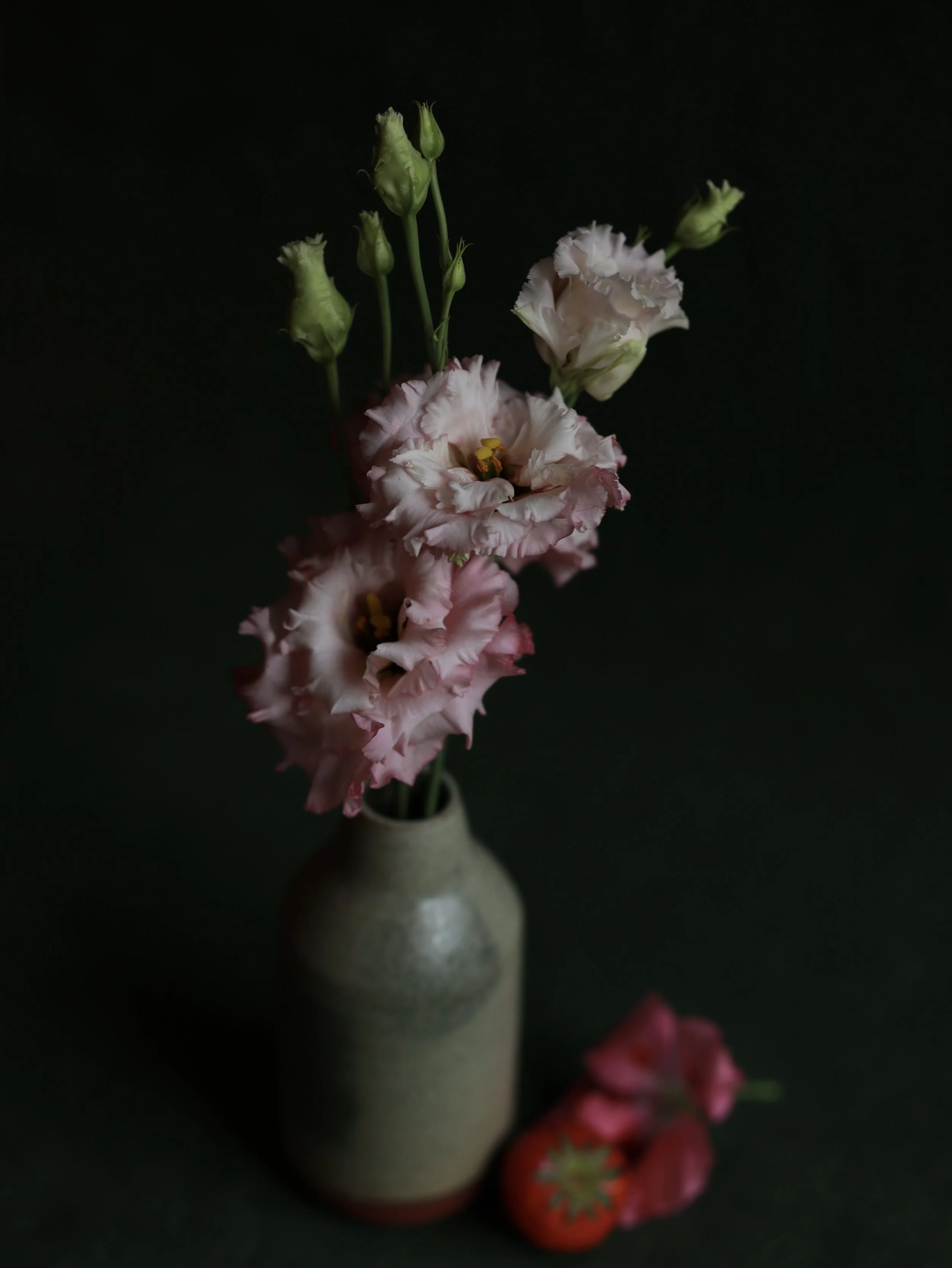 Françoise II, lisianthus with red clay vase by Françoise De Smet