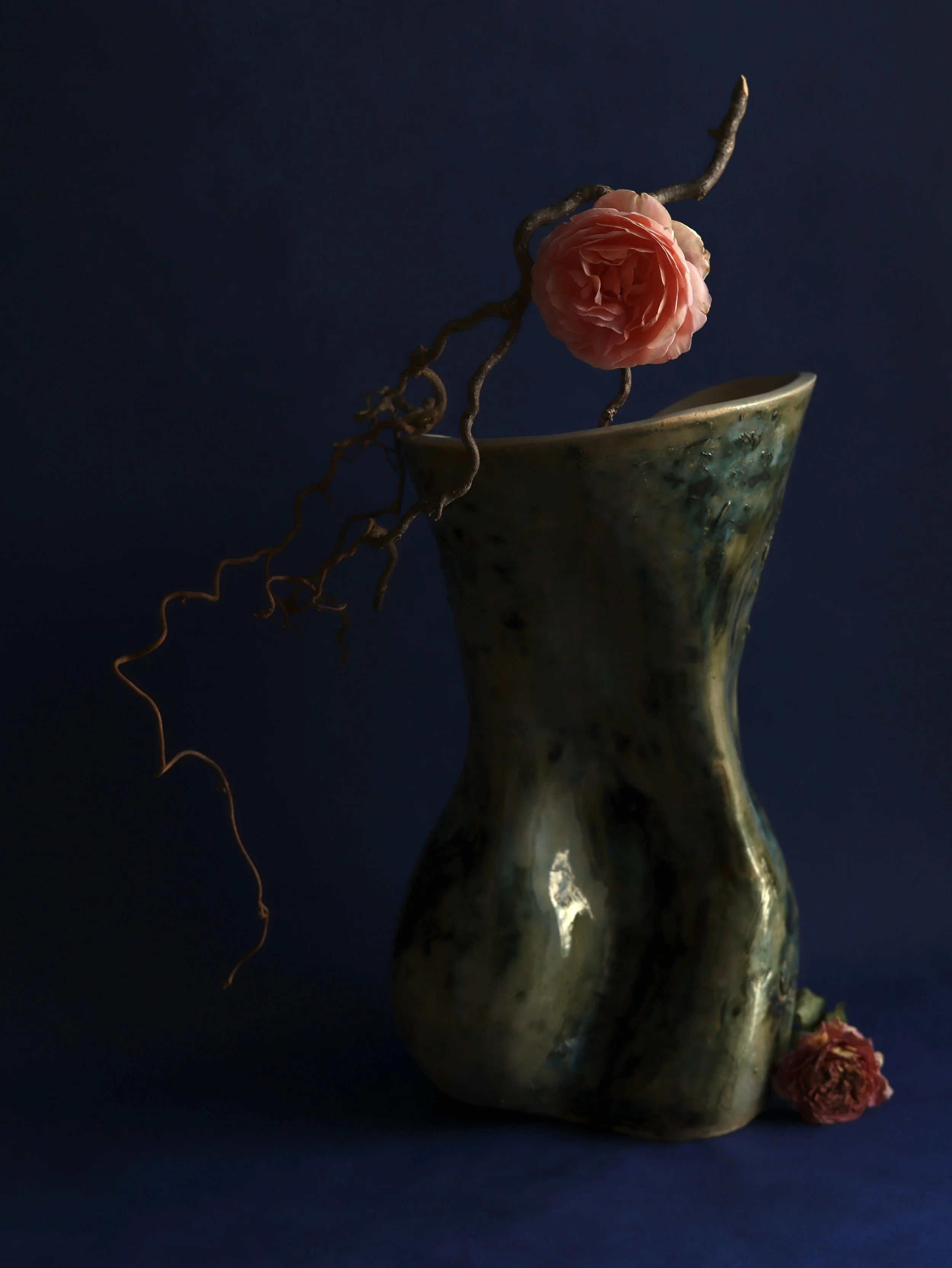 Nancy I, 'evelyn' rose with 'Lady Tree' sculpture by Nancy Hoopman