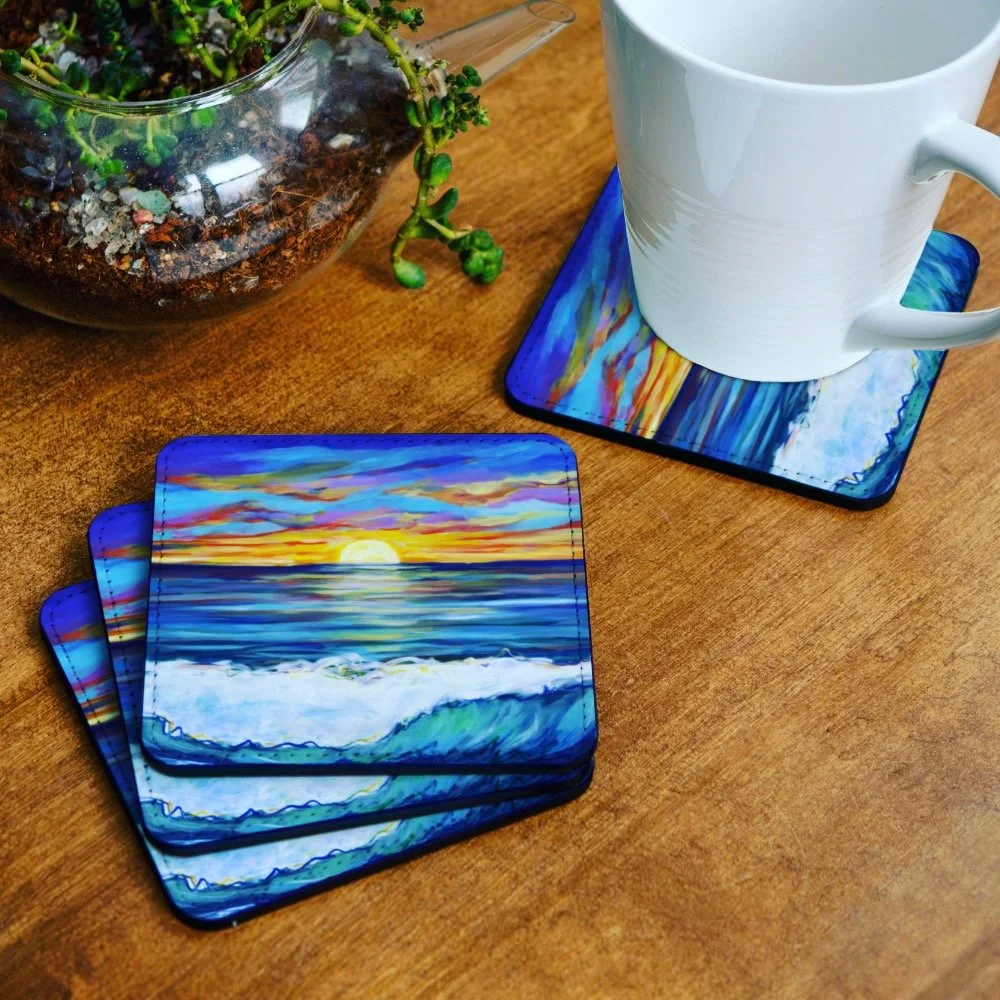 💥New Product Alert! 💥Excited about these new coaster designs from my painting, &quot;Sunrise&quot;. Brightens a table, makes you happy looking at it and is functional. Made from sturdy PVC, these standard size coasters feature vibrant, permanent su