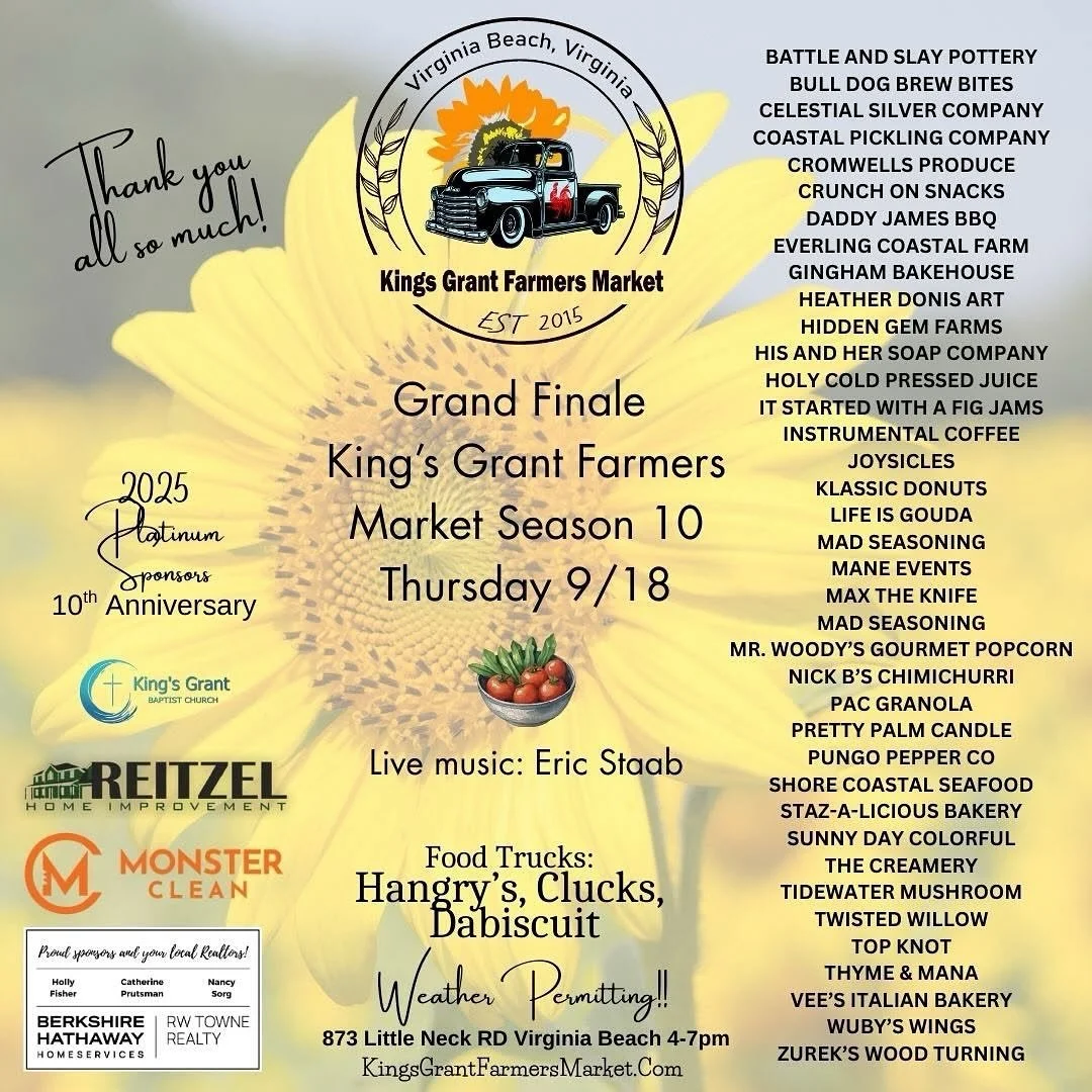 Looking forward to this Thursday with this great group of vendors for the grand finale!

Posted @withregram &bull; @thekingsgrantfarmersmarketvb Don&rsquo;t just drive by&mdash;come on in and experience it! This Thursday,at The Kings Grant Farmers Ma