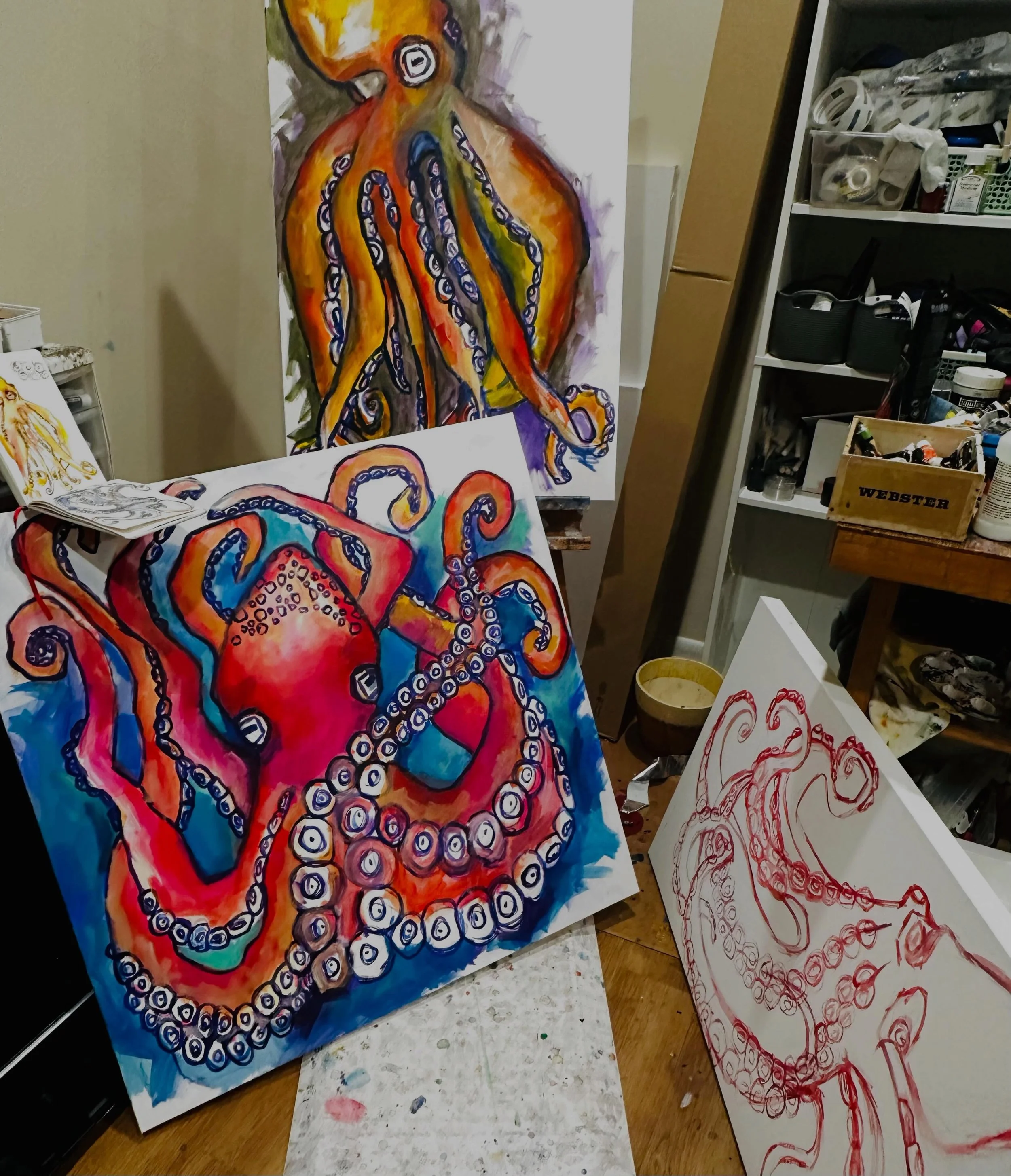 Good to be in the studio working on this little octopi 🐙 series. 👩🏼&zwj;🎨

#Octopus, #OctopusPainting, #RemarkableCreatures
