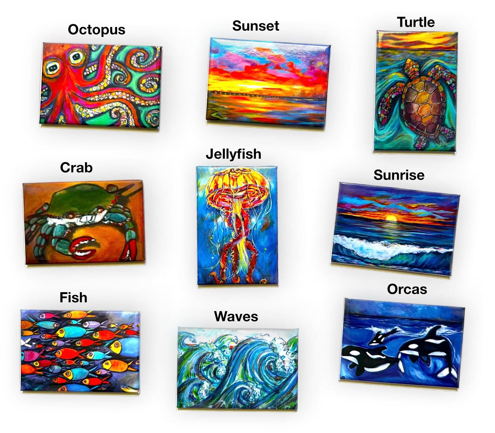 Colorful refrigerator magnets with Heather Donis Designs art