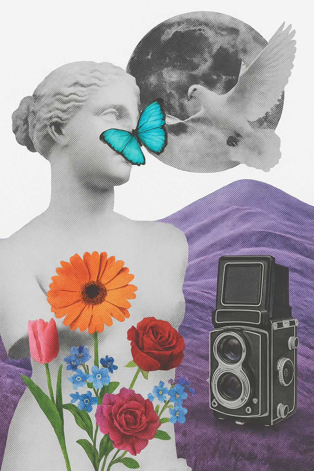 En collage med en statuehovedfigur, en blå sommerfugl, en flower arrangement med søde blomster, en vintage kamera, en jordklode, en hvid due, og en lys blå skygge.