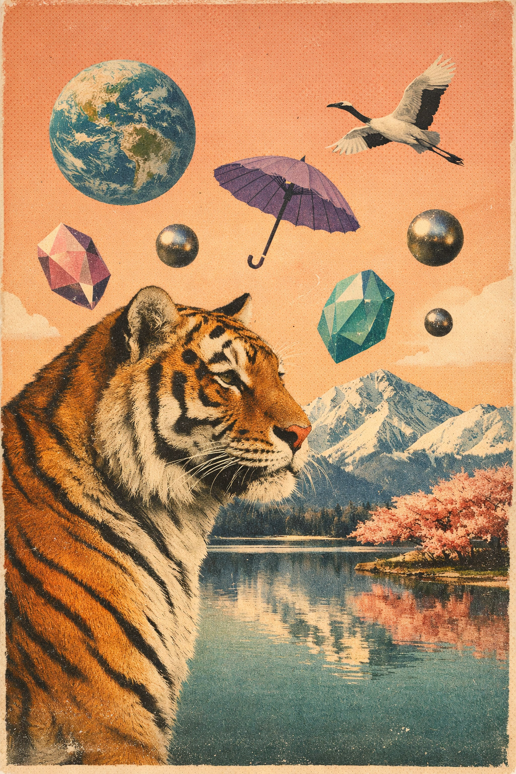 Kunstnerisk collage med tiger i forgrunden, bjerglandskab, floder, medielementer som jordklode, flyvende fugl, paraply, og geometriske objekter mod en orange himmel.