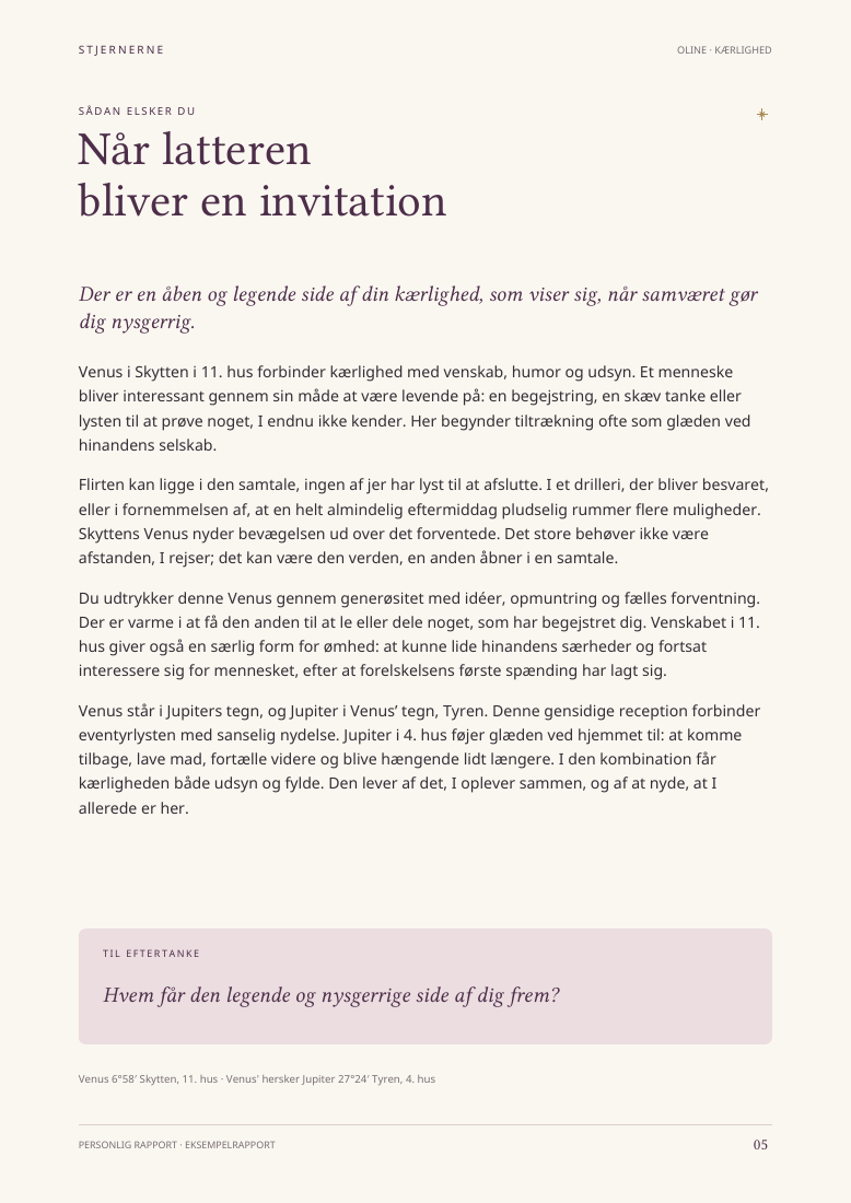 Eksempelrapport, side 5: Når latteren bliver en invitation – om Venus i Skytten og kærlighed.
