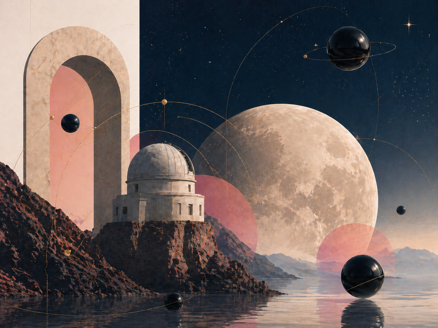 Kunstnerisk collage med en bro foran en fjord, rosa bjerge, en stor by med skyskrabere, en planet med krater, og astronauter i rummet.