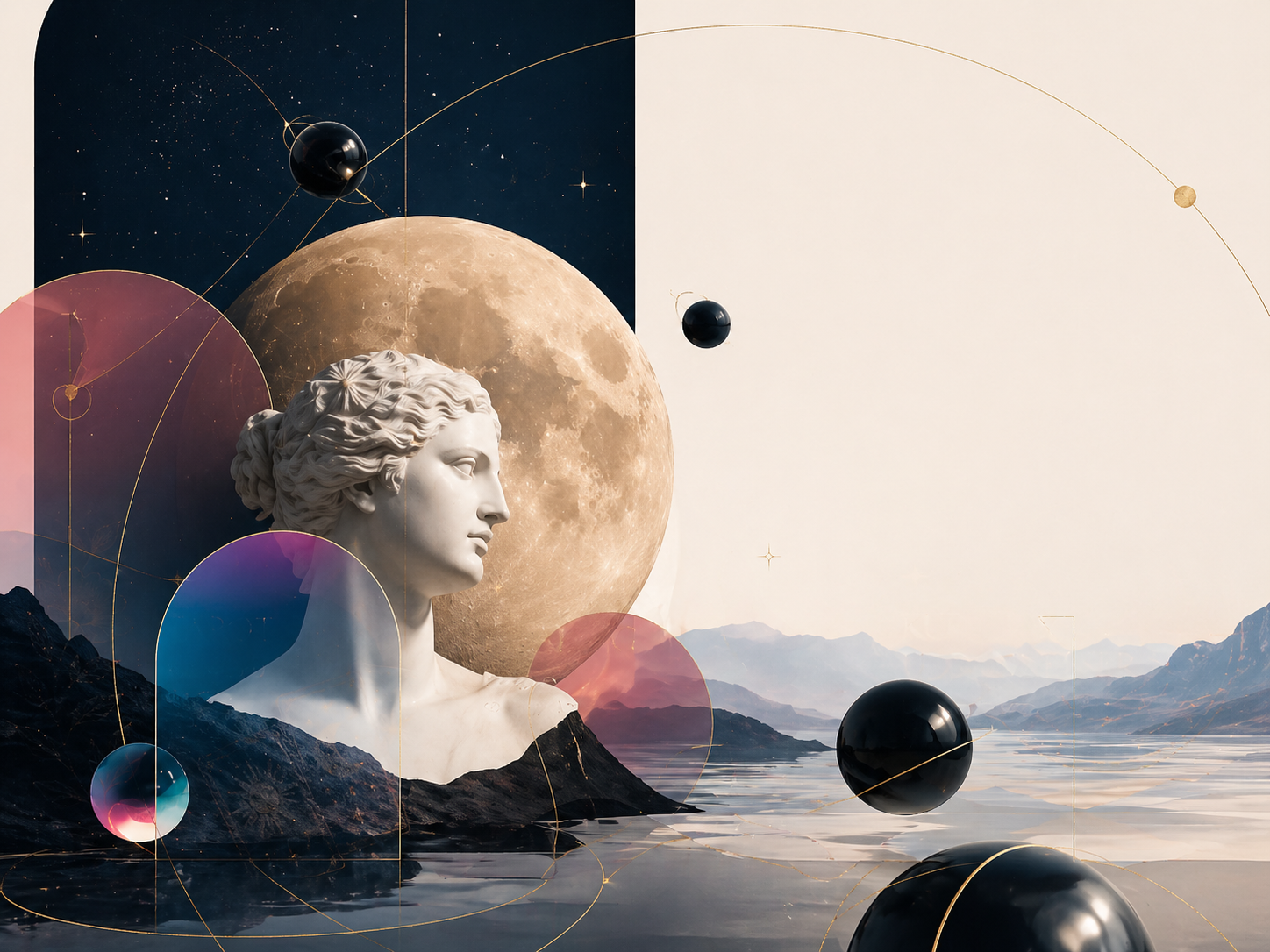 En surrealistisk scene med en hånd, der bruger spisepinde til at styre en vej, der styres af to busser, i en ørken med klippeformationer. I baggrunden er en stor planet med ringsystem.