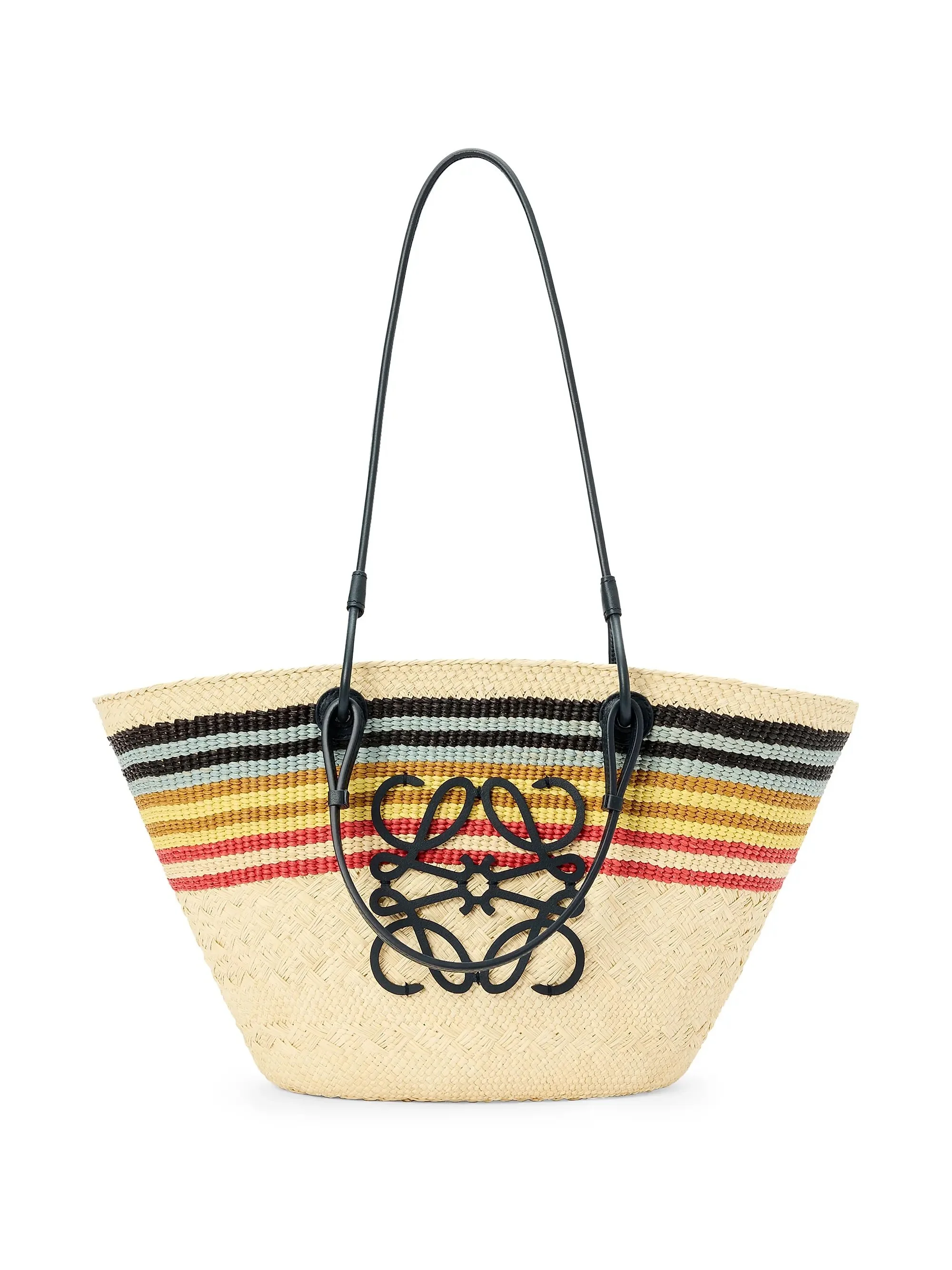 A colorful woven straw tote bag with horizontal stripes in black, white, yellow, orange, and red, featuring a black wire decorative necklace attached to the handle.