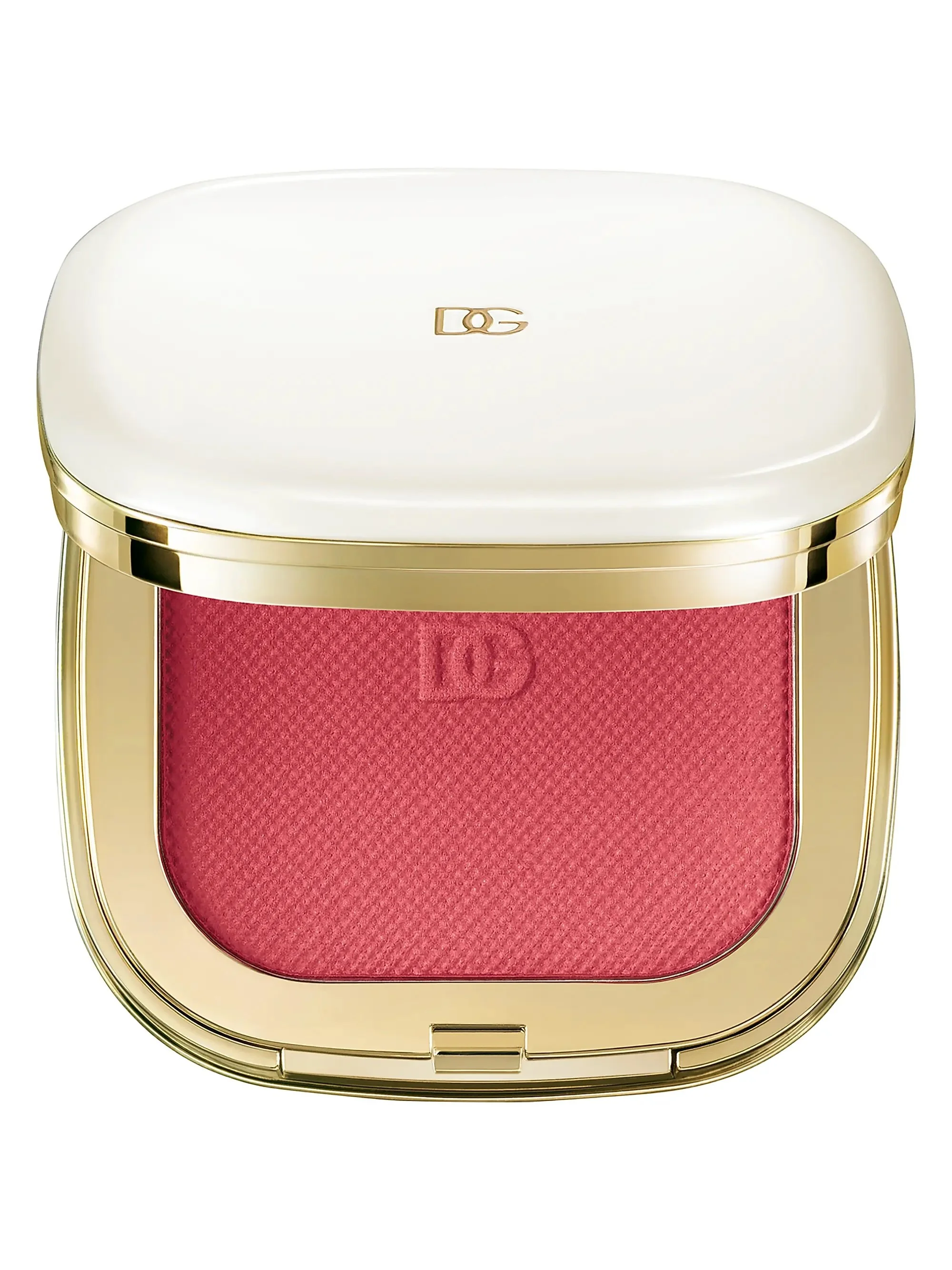 A makeup compact with a gold and white exterior, containing pink blush.