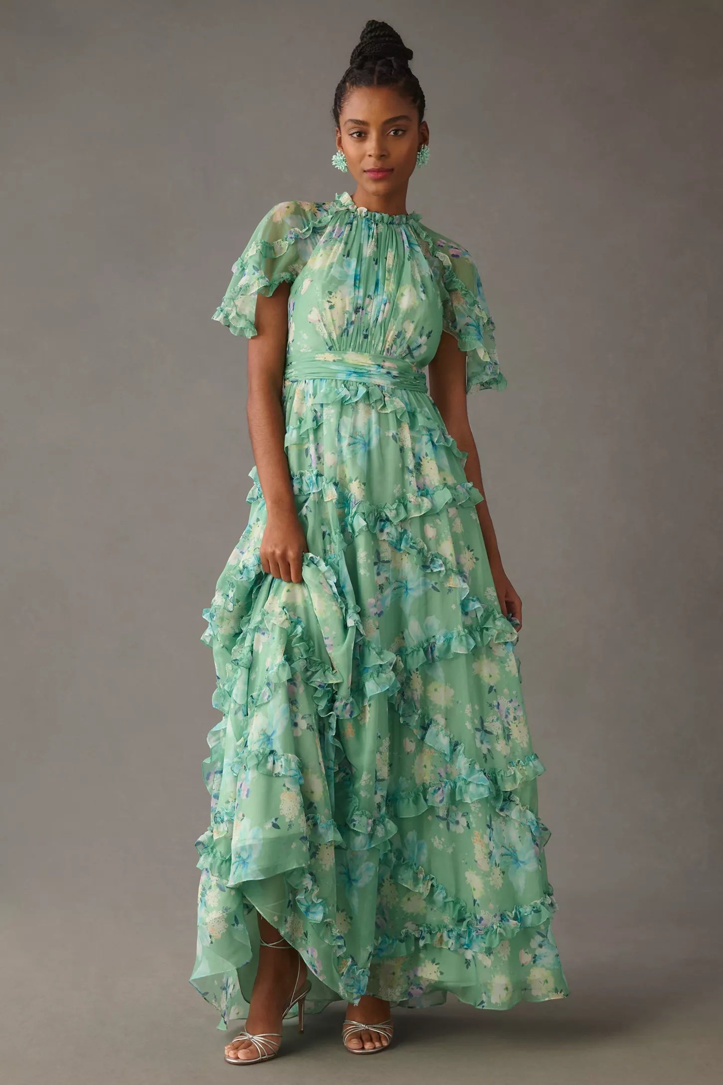  Mac Duggal Short-Sleeve Floral Chiffon Ruffled Gown
