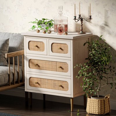 Okkra Modern Farmhouse 4-Drawer Woven Dresser, Boho Nighstand, White&amp;Gold