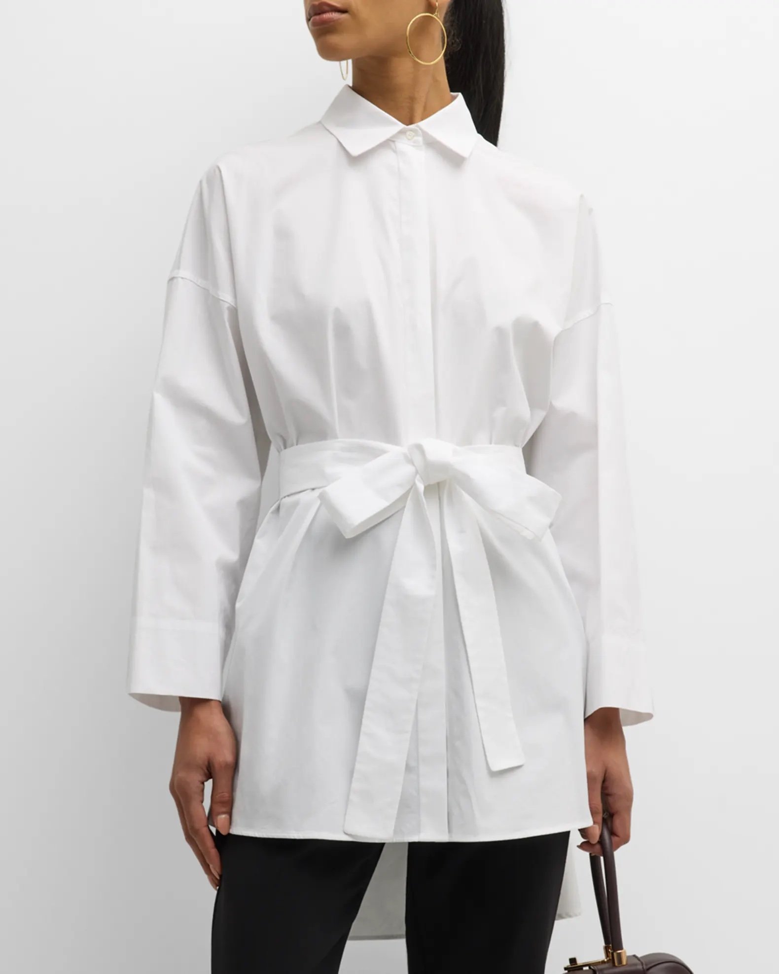 Tea Long-Sleeve Belted Oversized Collared Shirt