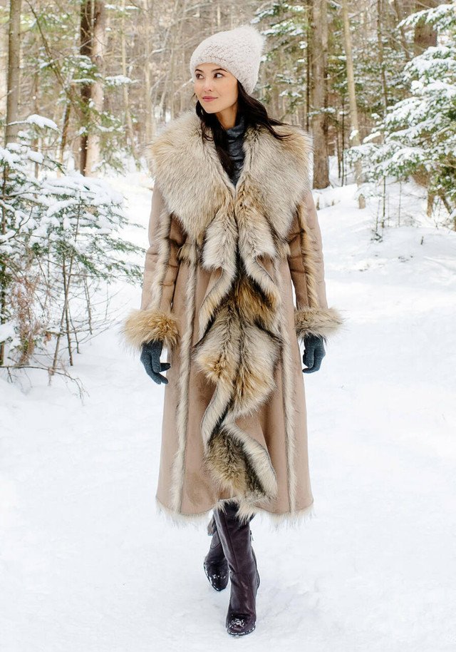 Tan Wolf Cascade Full-Length Faux Fur Coat