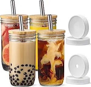 Glass Cups Set - 24oz Mason Jar Drinking Glasses w Bamboo Lids &amp; Straws