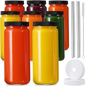Glass Juicing Bottles with 2 Straws &amp; 2 Lids w Hole