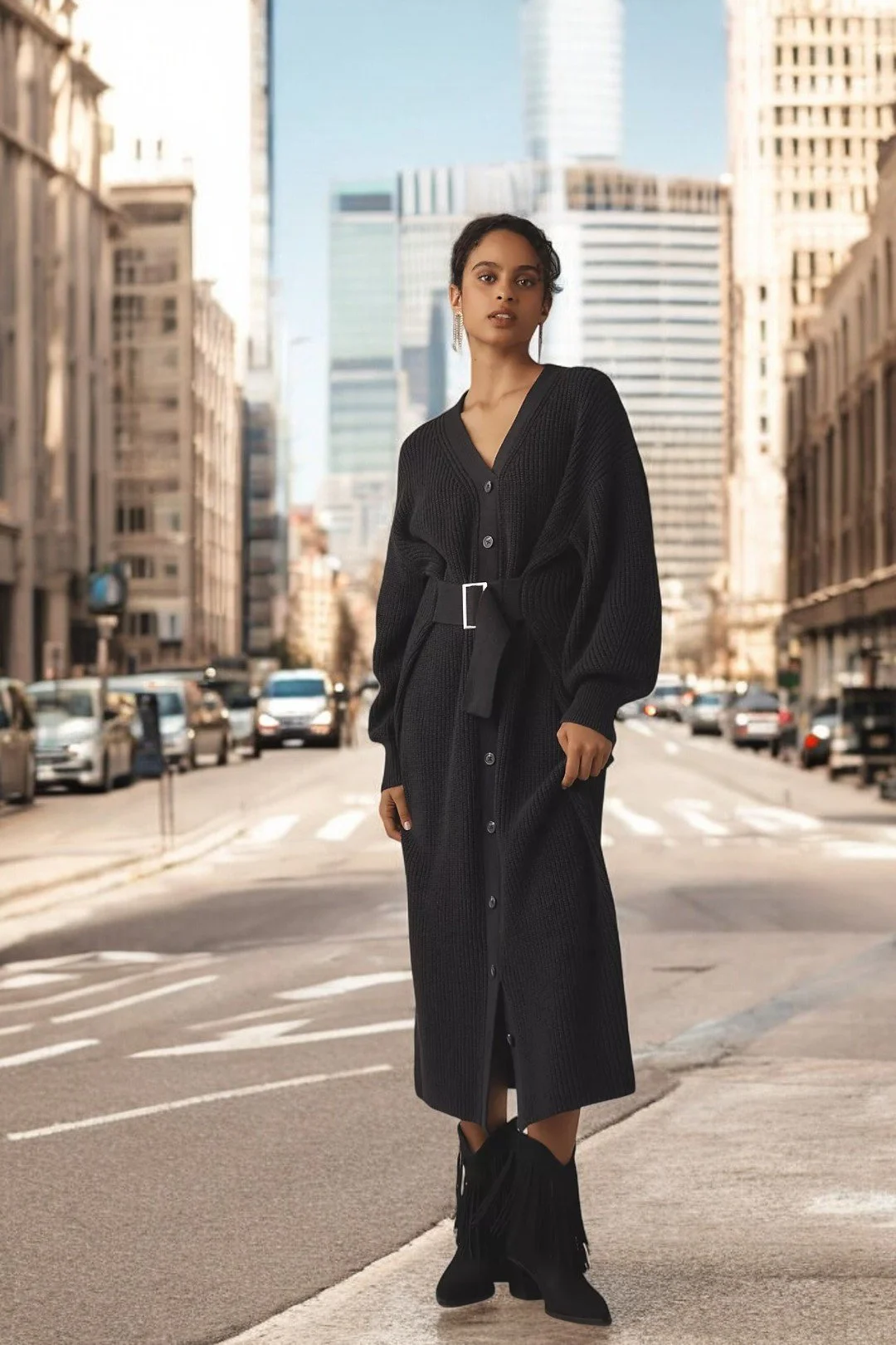 Long-Sleeve Belted Cardigan Sweater Midi Dress