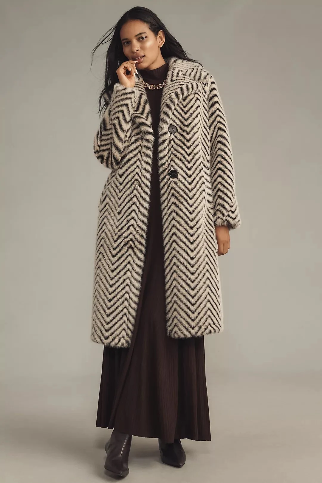 Chevron Luxe Faux-Fur Coat