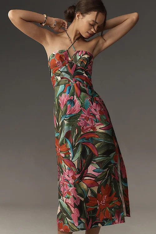 farm rio jardin de reve multicolor halter midi dress Go Big or Go Botanical: Tropical Prints & How to Style Them Year-Round — Style Sonata Halter maxi dress